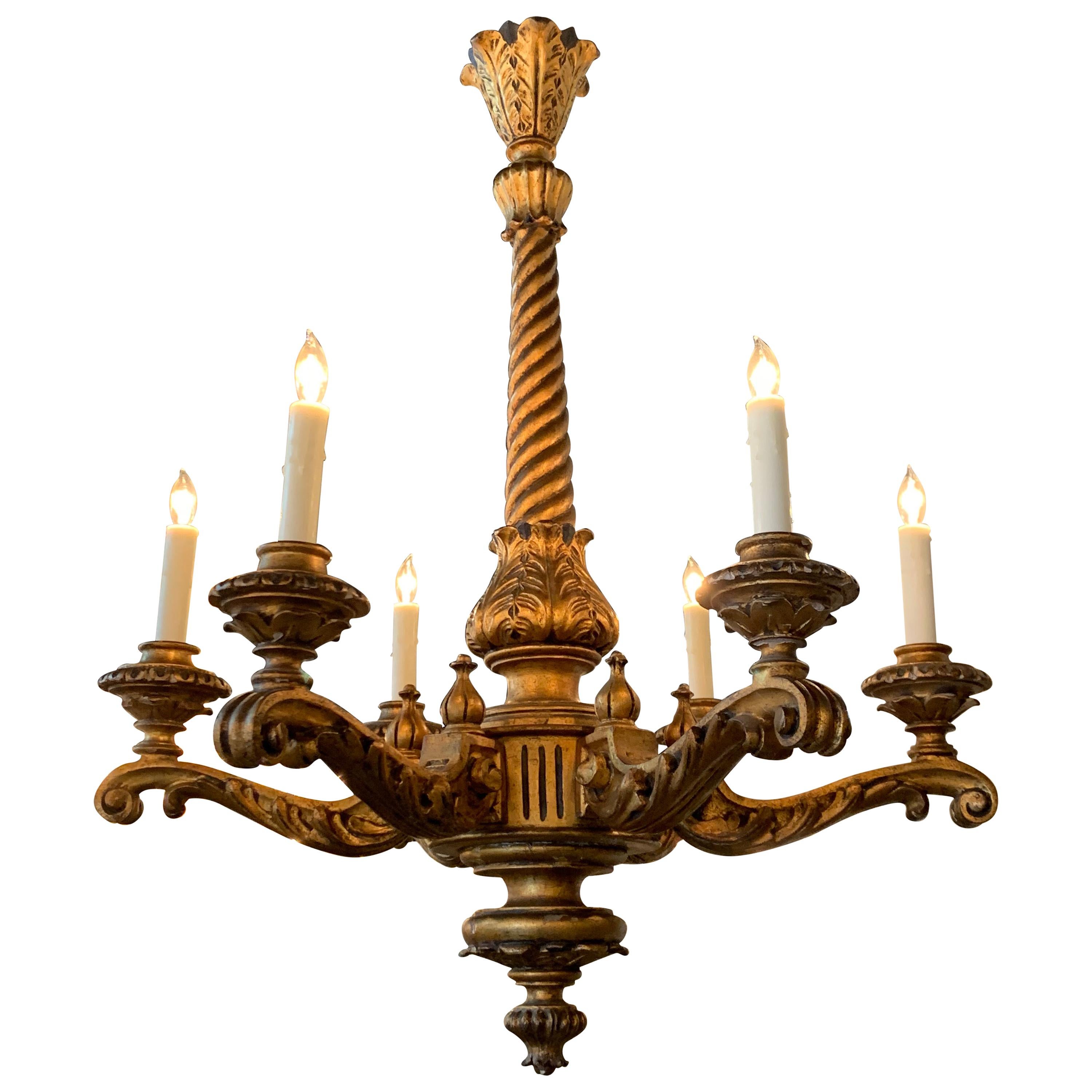 19th Century Italian Carved and Giltwood 6-Light Chandelier For Sale