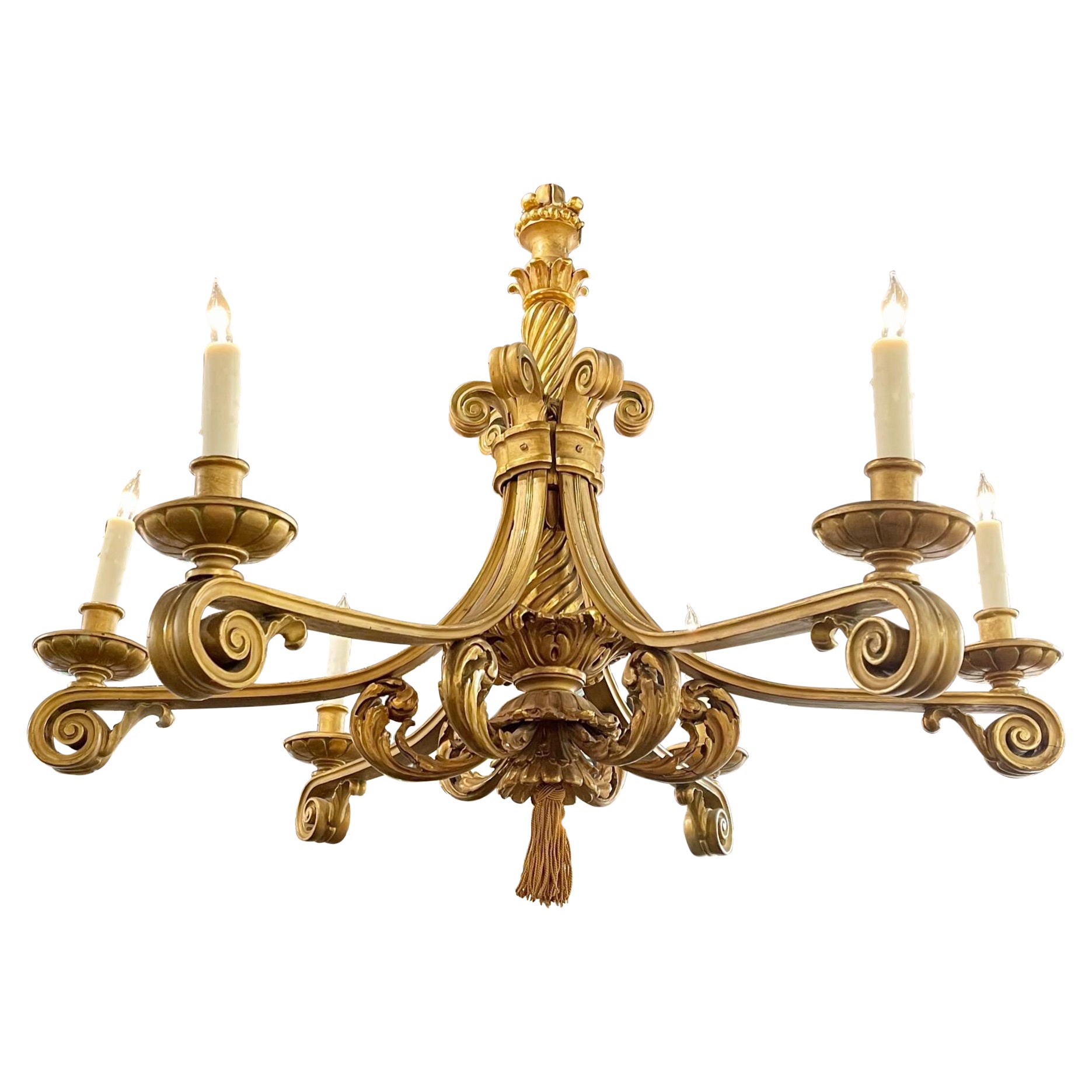 Lampadario a 6 luci in legno dorato e intagliato italiano del XIX secolo
