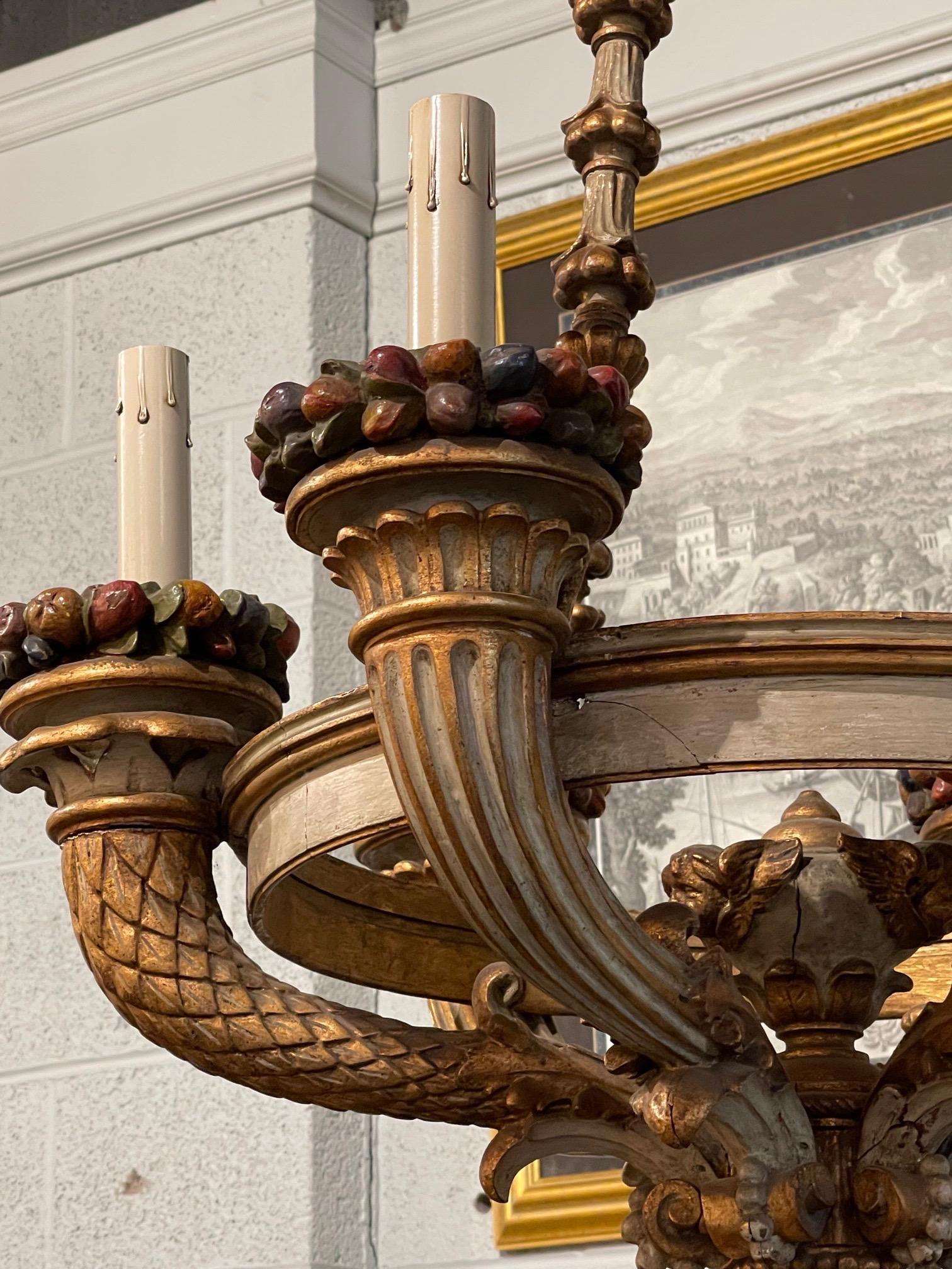 19th Century Italian Carved and Painted 6-Light Chandelier In Good Condition In Dallas, TX