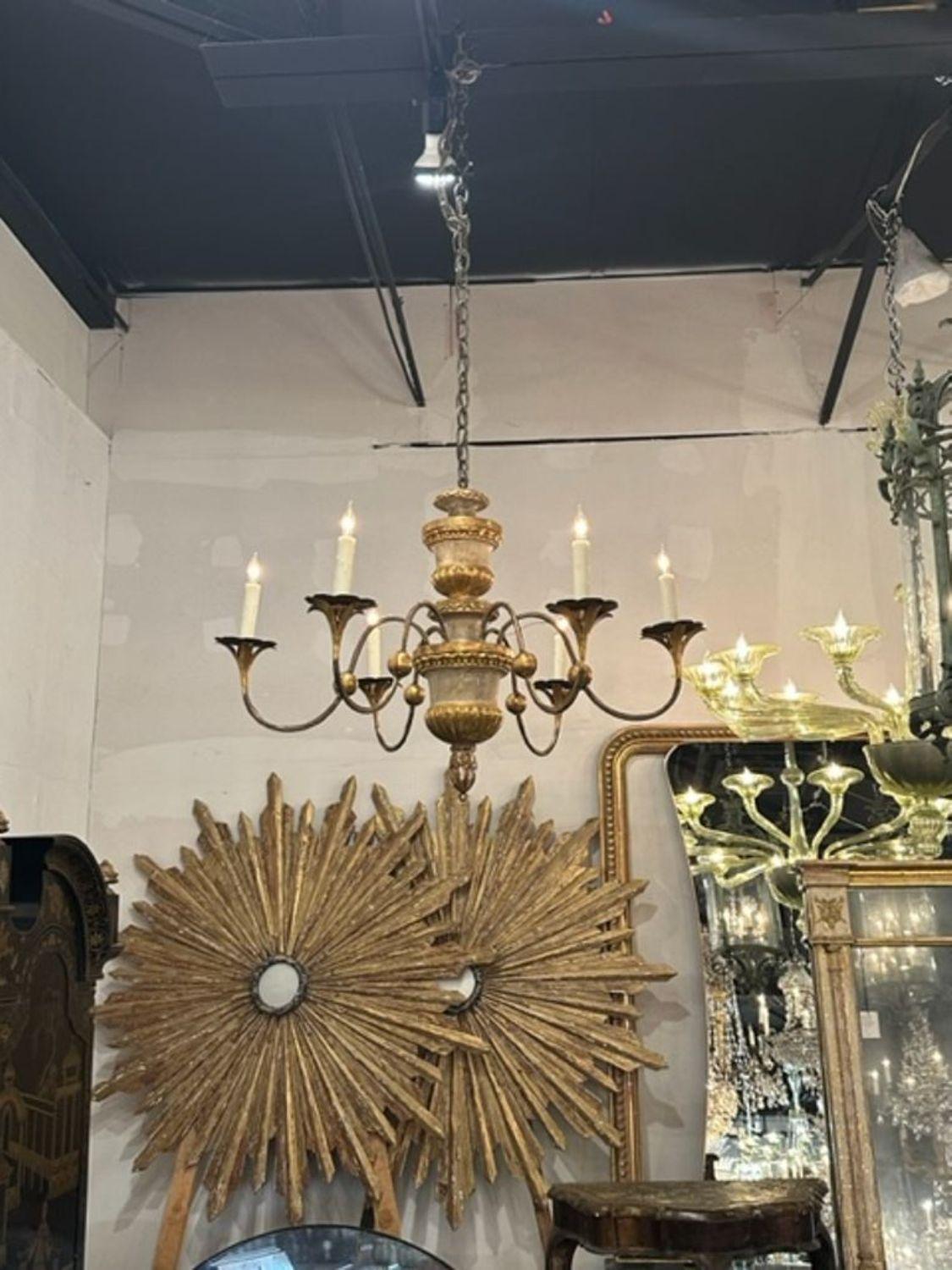 Very nice 19th century Italian carved and parcel gilt 6 light chandelier.  Lovely patina and carvings on the piece! Very pretty!