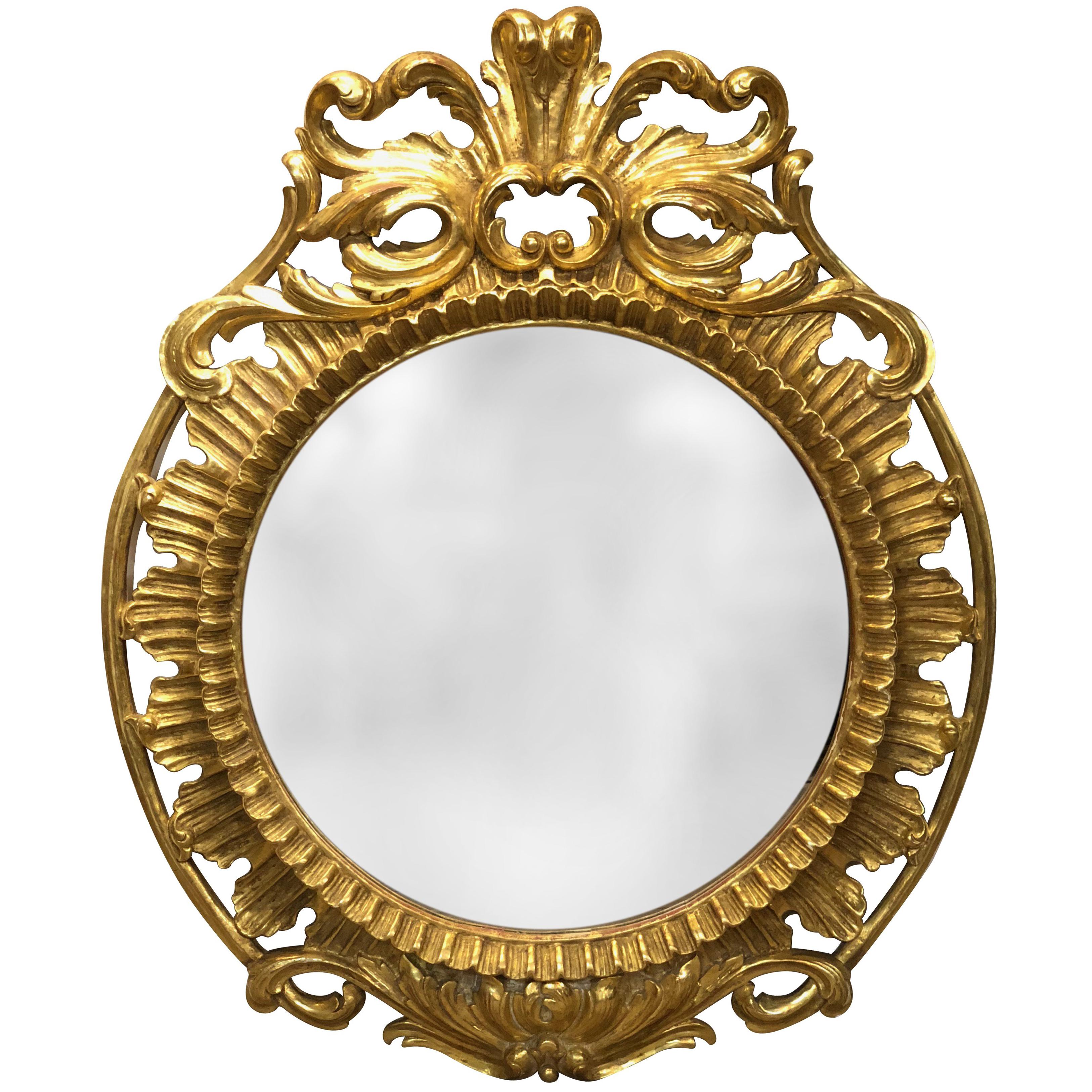 19th Century Italian Carved and Pierced Giltwood Circular Mirror with Cartouche