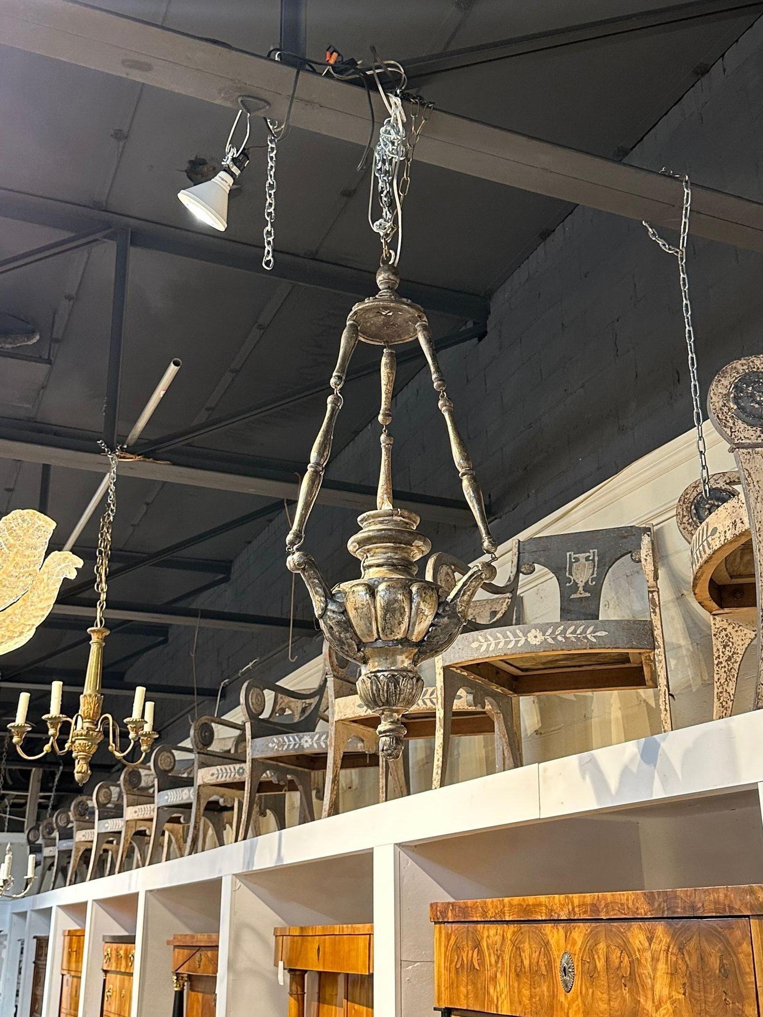 Elegant 19th century Italian carved silver giltwood pendant lantern. Very fine patina on this piece. Nice!