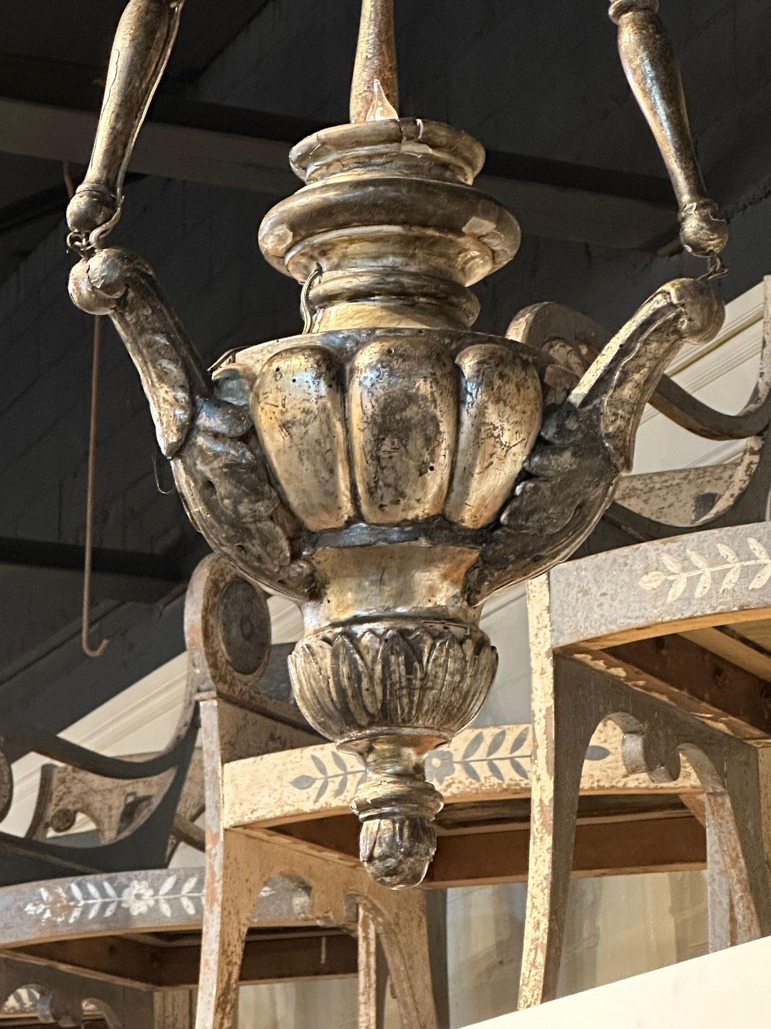 19th Century Italian Carved and Silver Giltwood Pendant Lantern In Good Condition For Sale In Dallas, TX