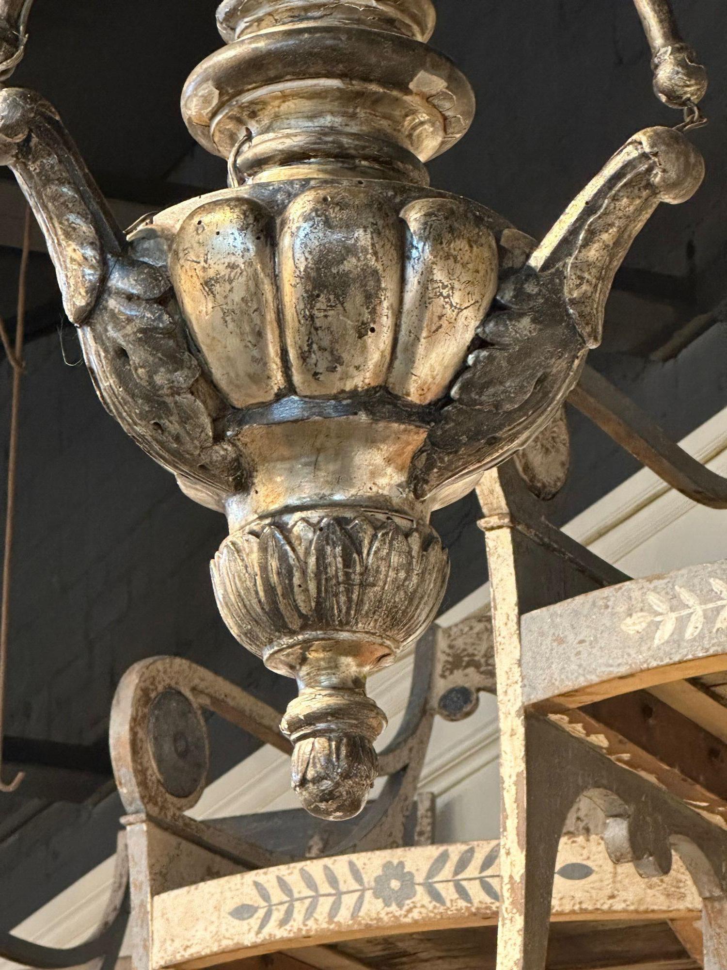 Wood 19th Century Italian Carved and Silver Giltwood Pendant Lantern For Sale