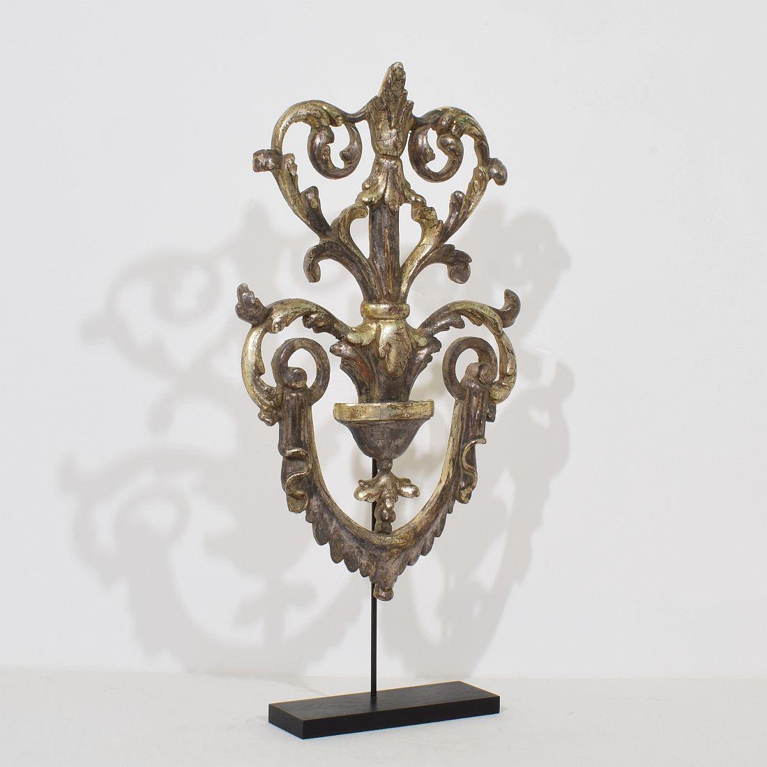 Hand-Carved 19th Century Italian Carved and Silvered Wooden Baroque Style Ornament