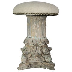 19th Century Italian Carved Capital Stool with Linen Upholstery