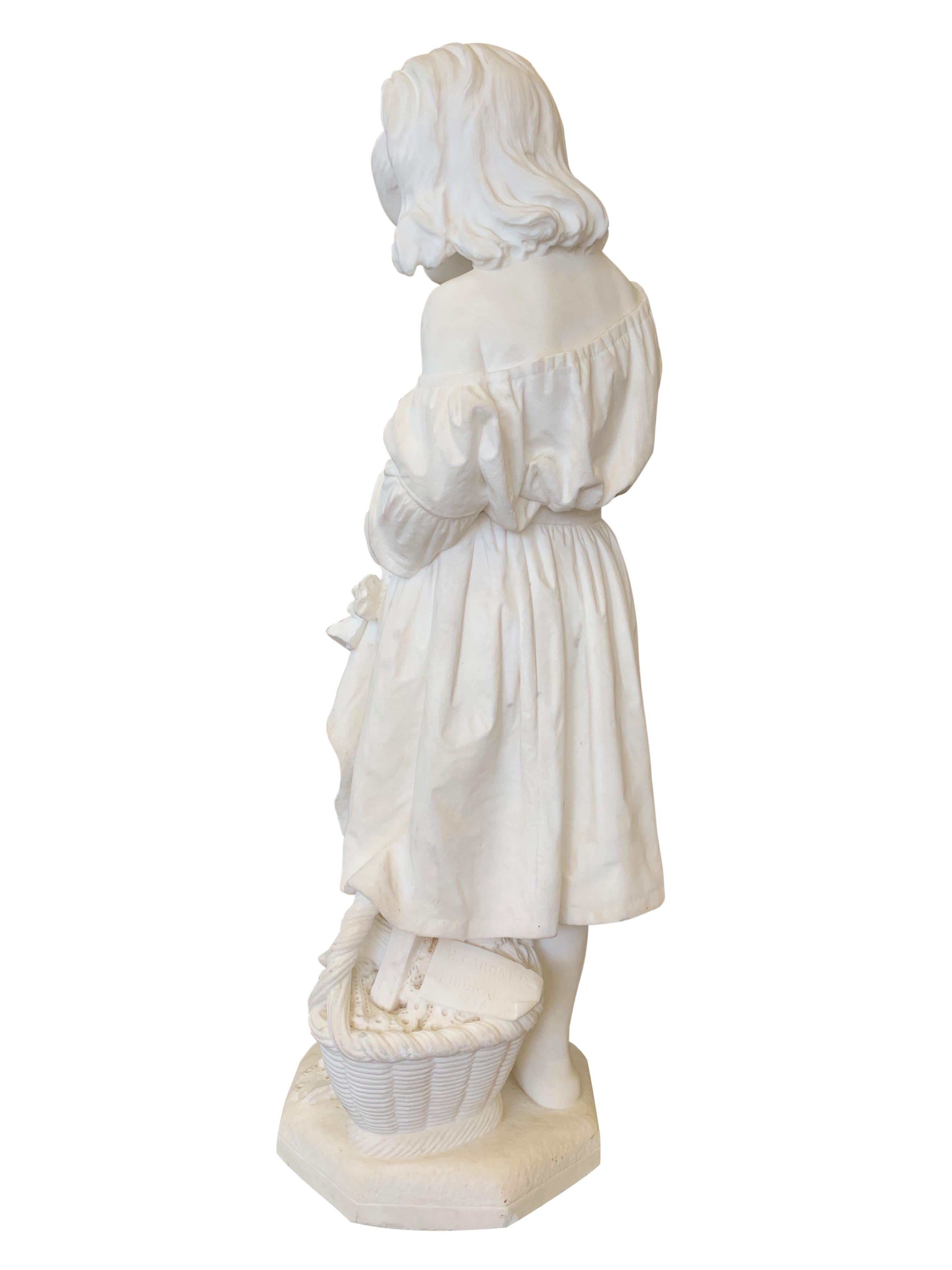 19th Century Italian Carved Marble Figure of a Young Girl by Caroni For Sale 1