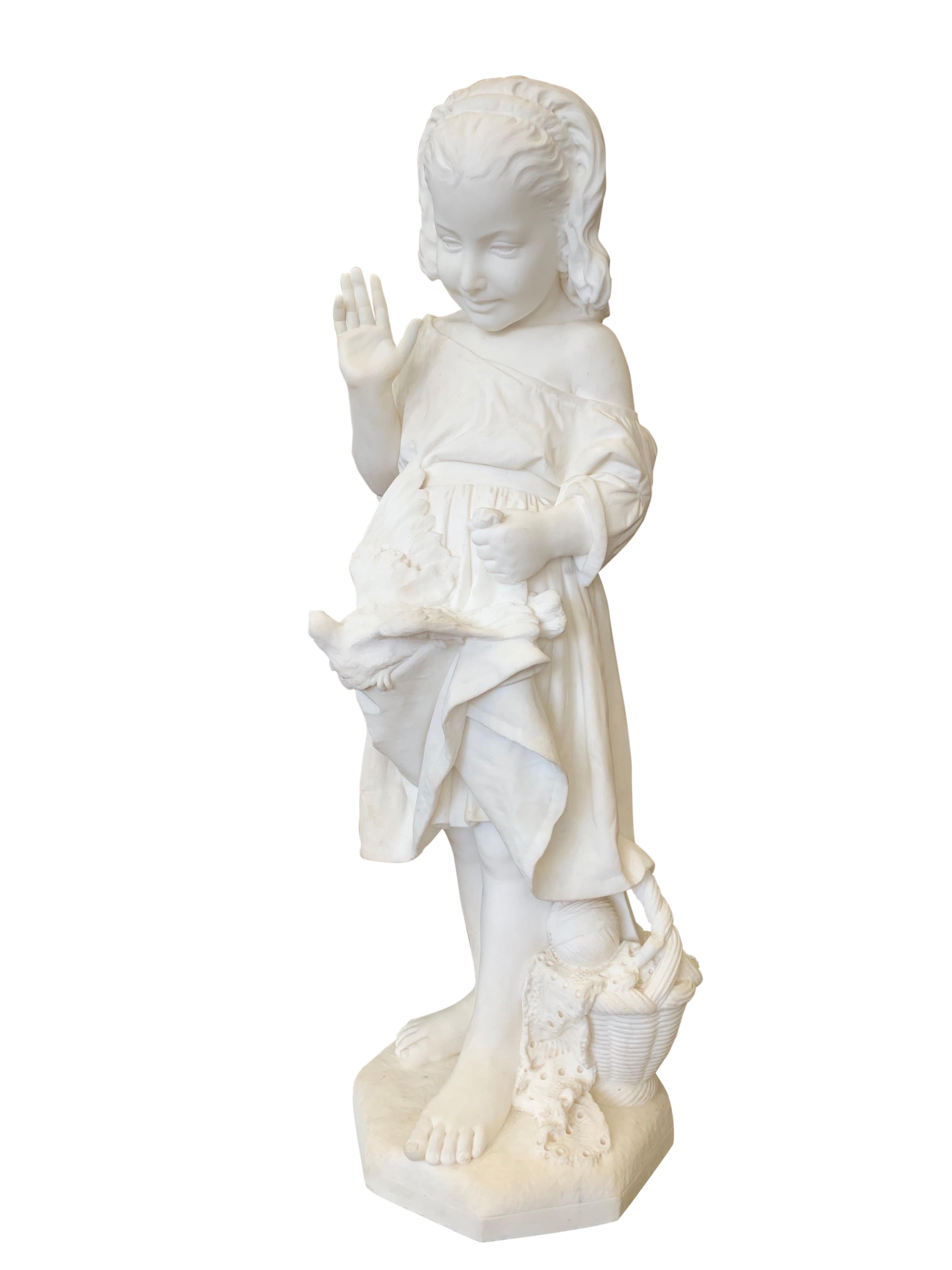 A lovely 19th century carved Carrara marble figure of a young girl waving  her right hand as a dove rests on her dress, she is standing aside a basket with a ball of string and a garment, by Emanuele Caroni.

Signed: E. Caroni, Firenze 
Dated