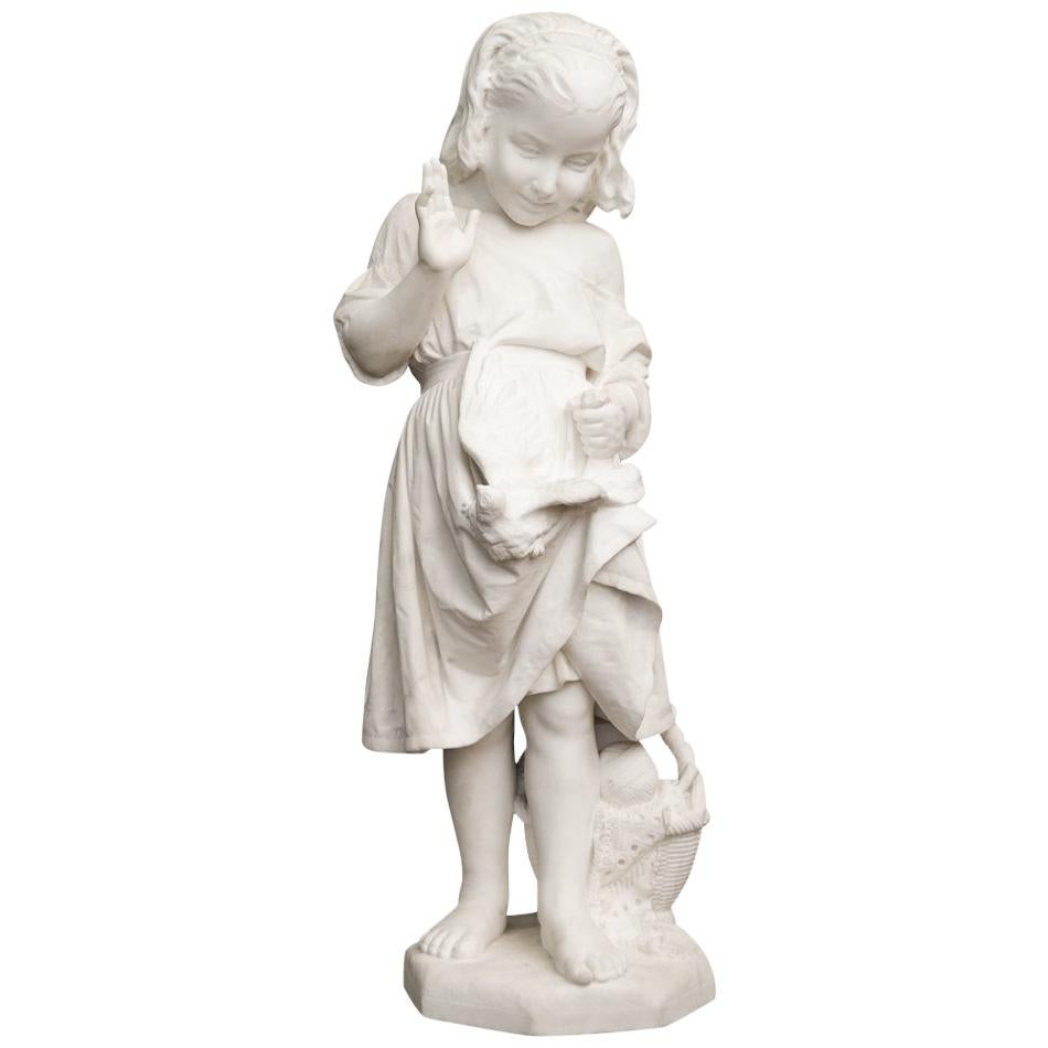 19th Century Italian Carved Marble Figure of a Young Girl by Caroni For Sale