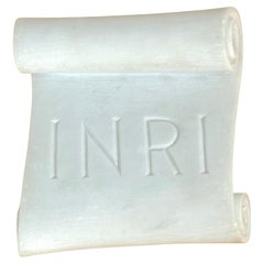 19th Century Italian Carved Carrera Marble INRI Scroll Sculpture