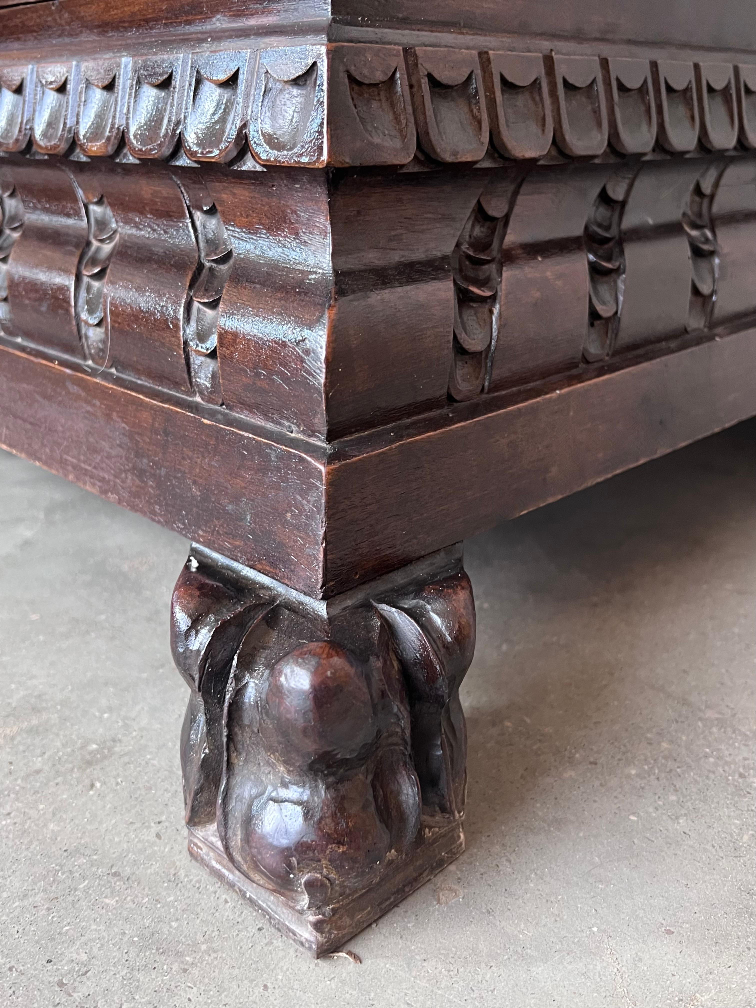 Spanish 19th Century Italian Carved Cassone Trunk with Original Hardware For Sale