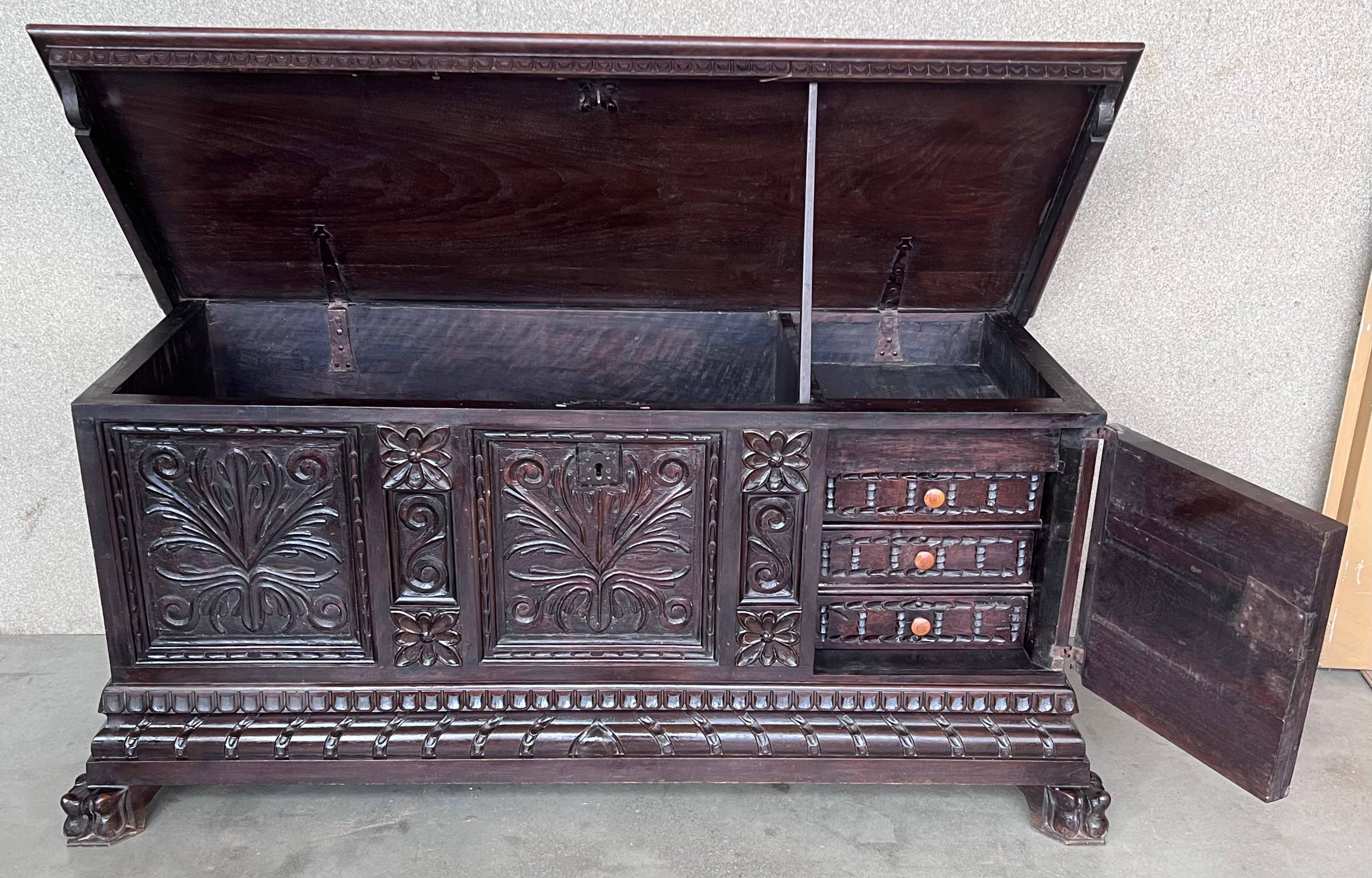 Iron 19th Century Italian Carved Cassone Trunk with Original Hardware For Sale