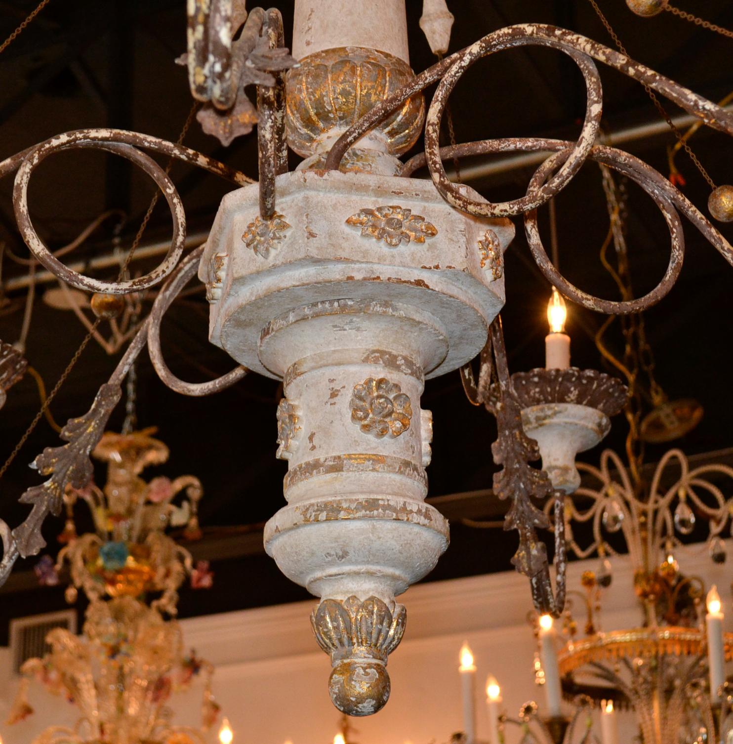 Wonderful Italian carved wood and parcel-gilt 6-light chandelier.