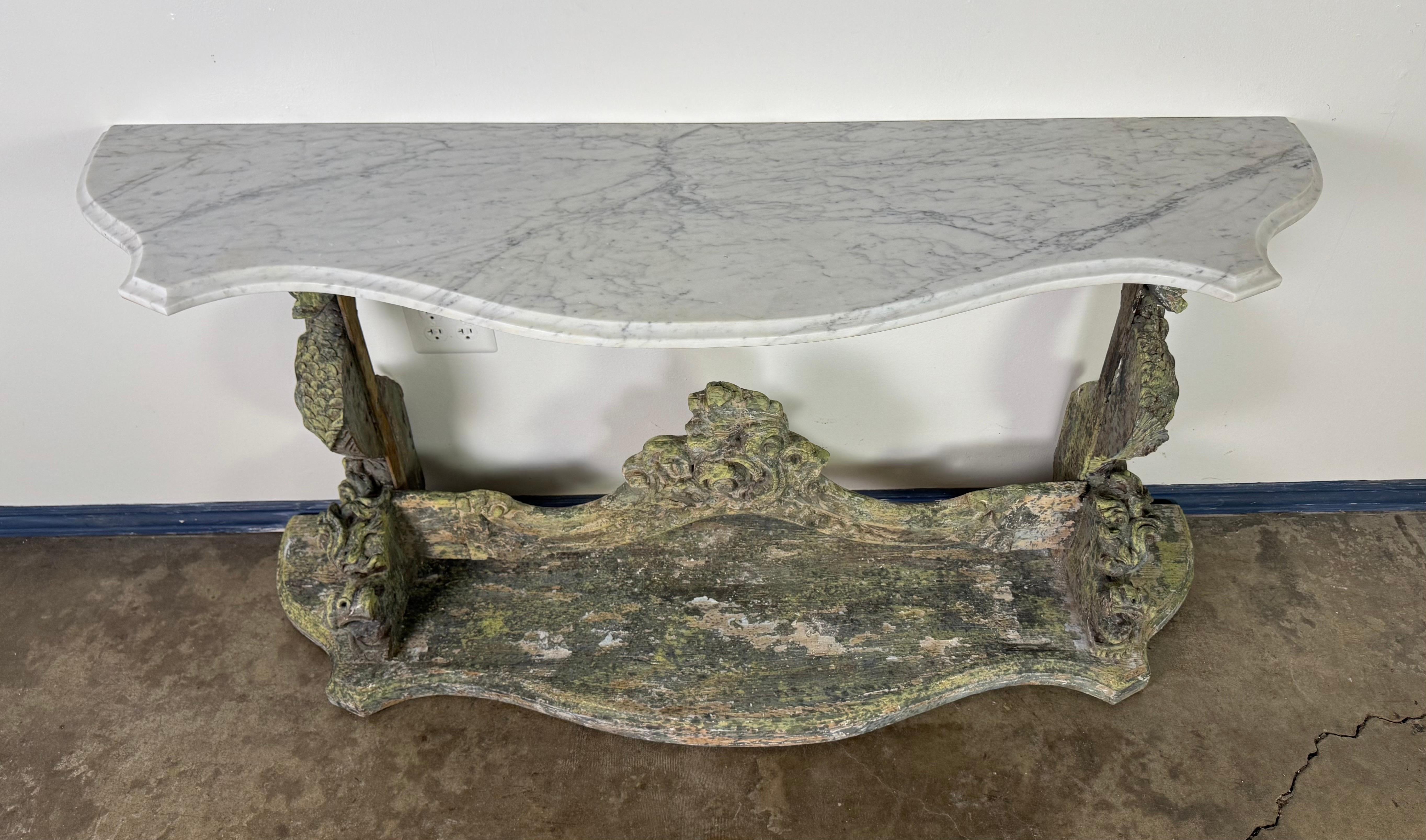 Baroque 19th Century Italian Carved Console Table w/ Marble Top For Sale