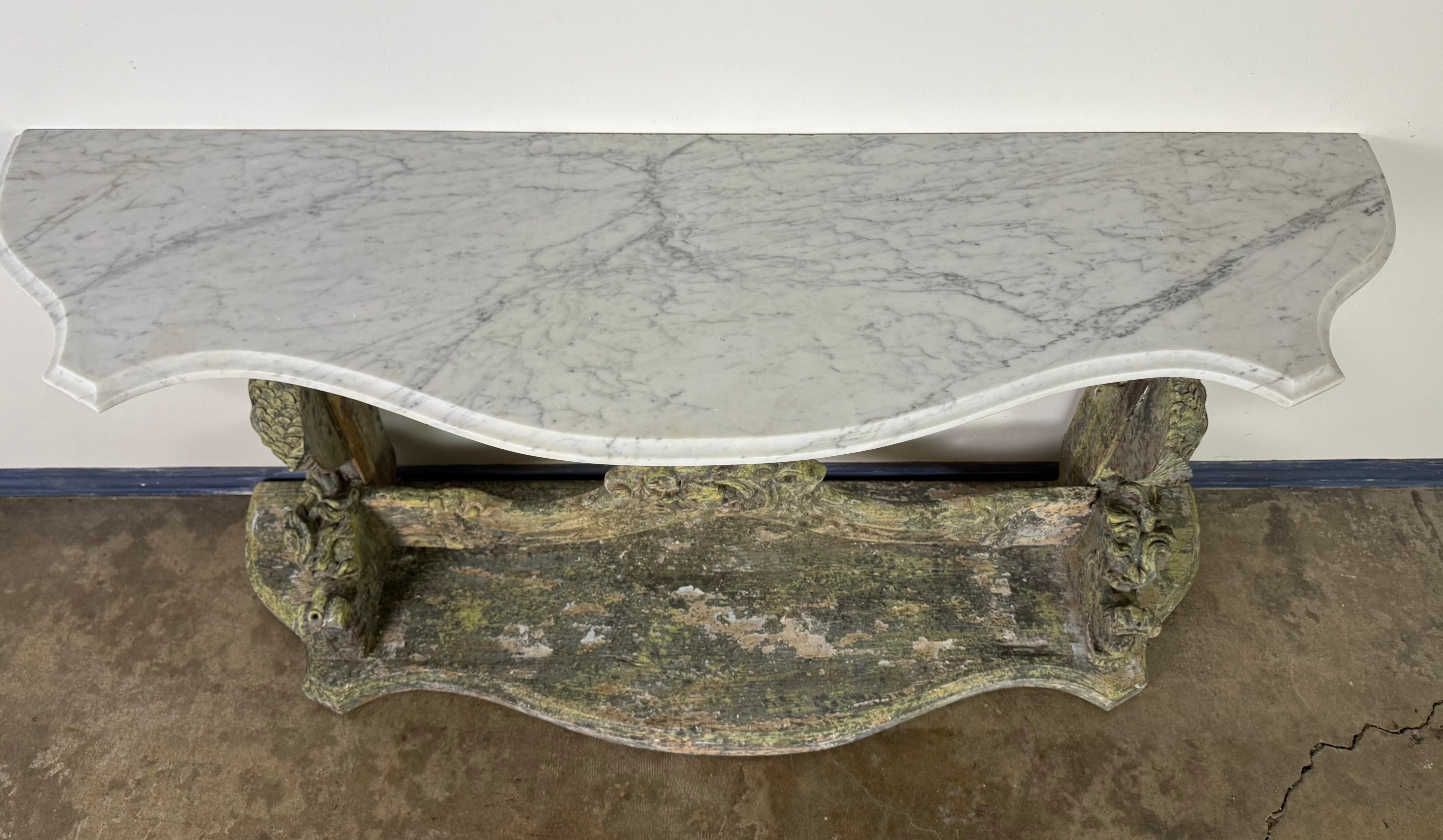 19th Century Italian Carved Console Table w/ Marble Top In Distressed Condition For Sale In Los Angeles, CA