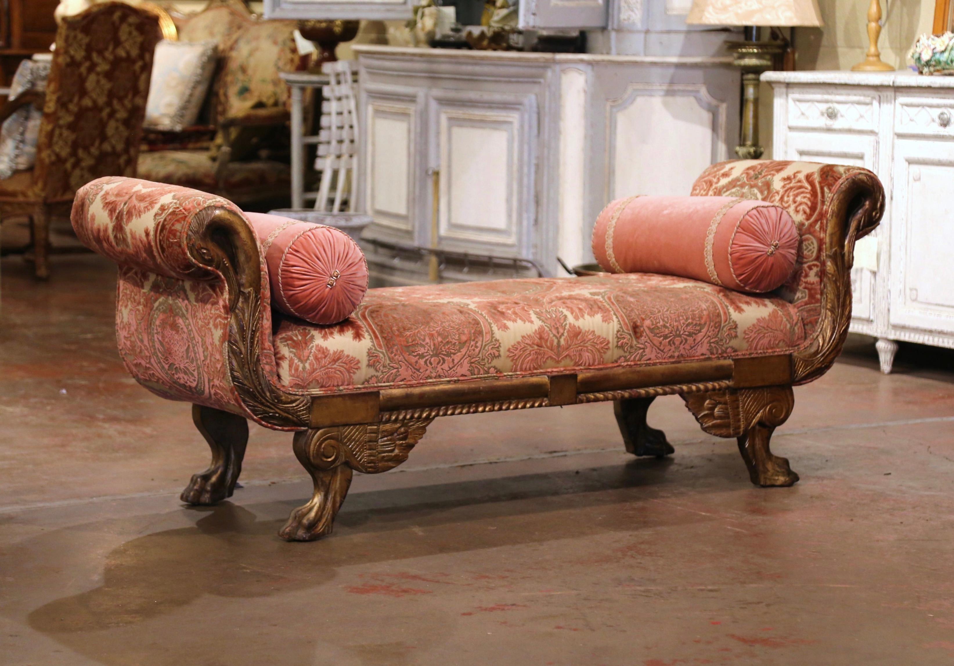 Place this elegant antique bench at the foot of a king size bed or in your living room for extra seating. Crafted in Italy, circa 1860, the traditional banquette stands on scrolled legs with wing decor at the shoulder, and ending with claw feet.