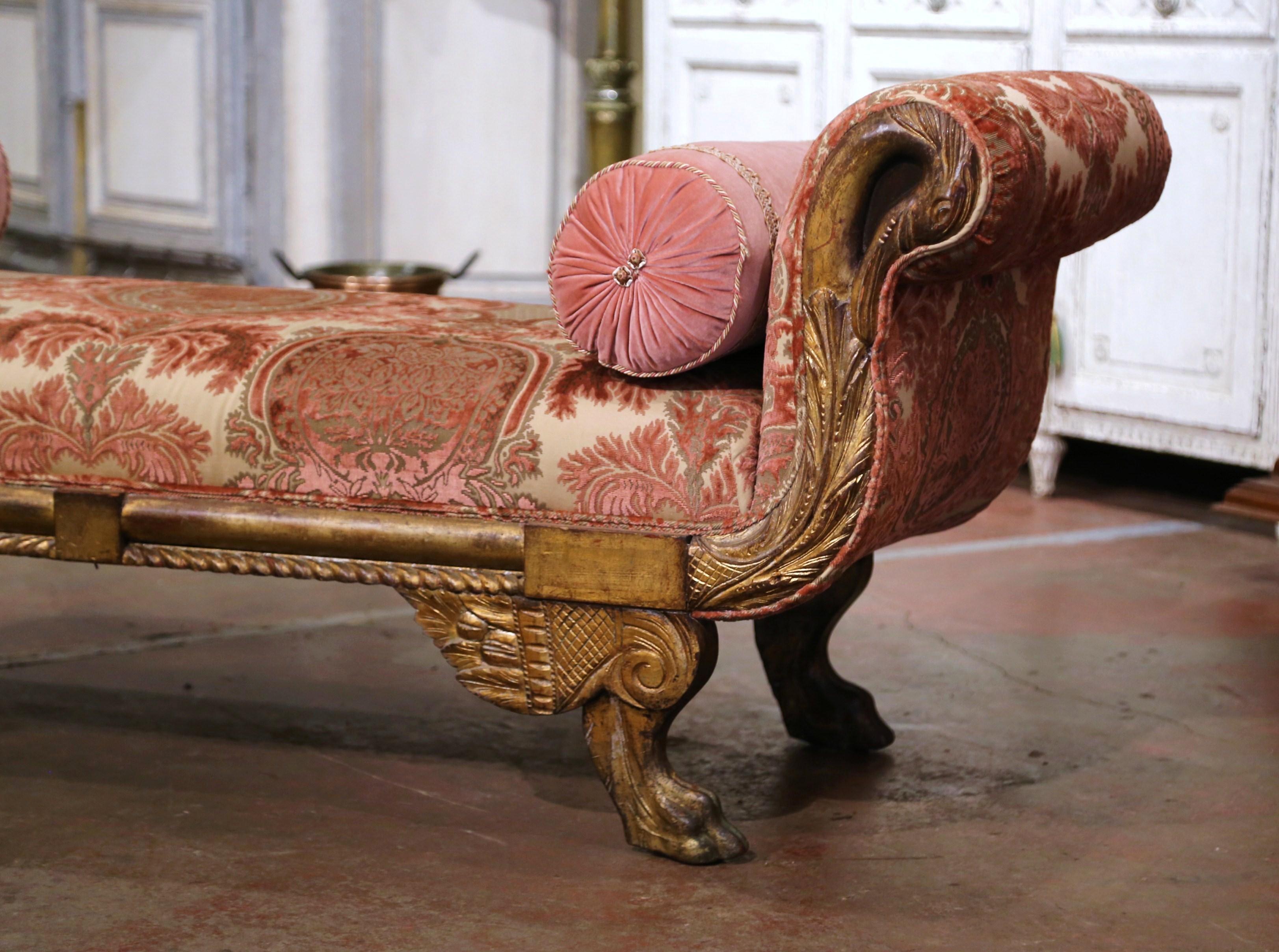 Hand-Carved 19th Century Italian Carved Gilt Wood and Velvet Daybed with Swan Motifs