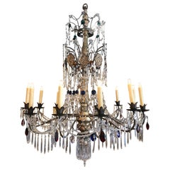 19th Century Italian Carved Gilt Wood, Brass and Crystal Twelve-Light Chandelier