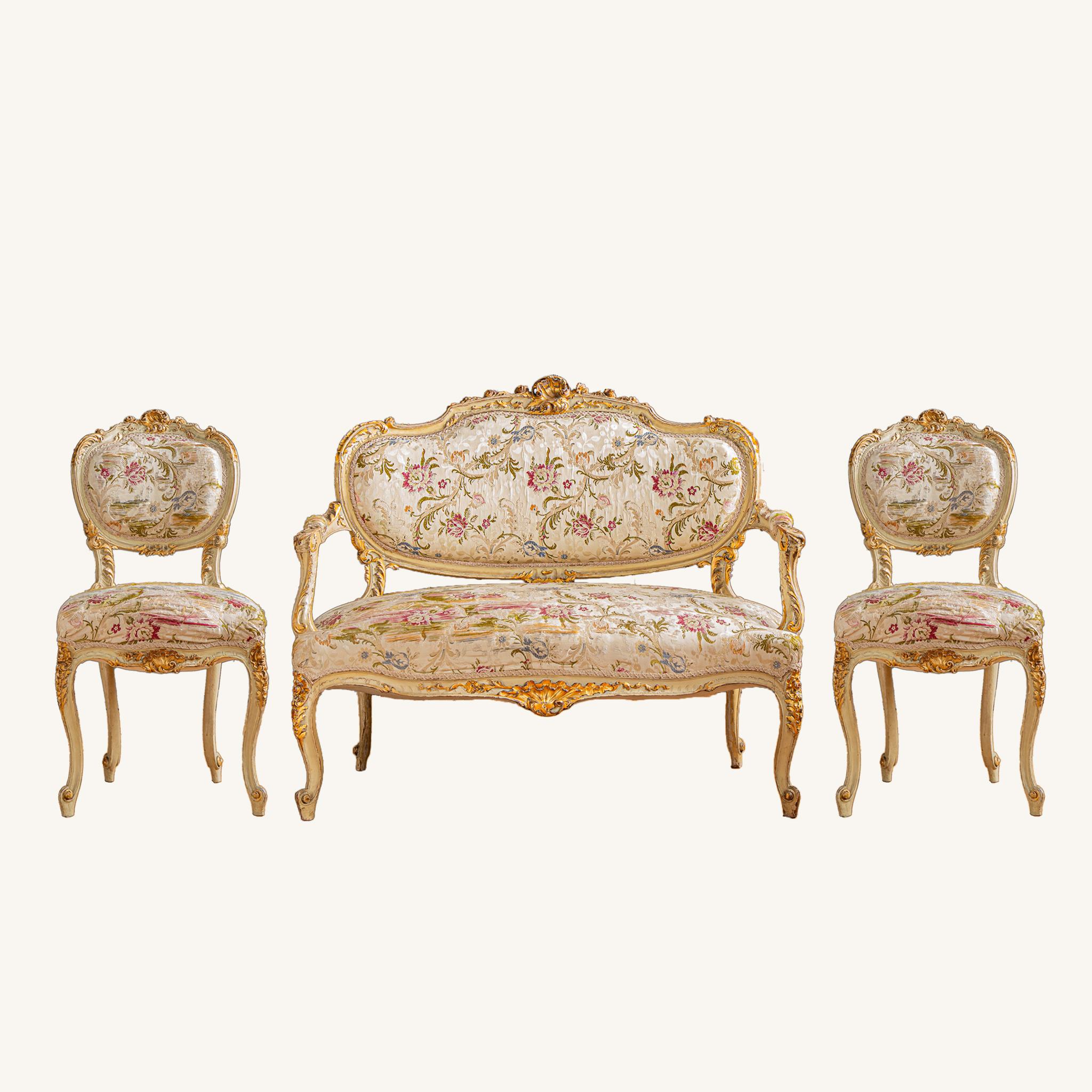 19th Century Italian Carved Gilt-wood Salon Suite - Sofa, Chairs & Footstools  For Sale 11