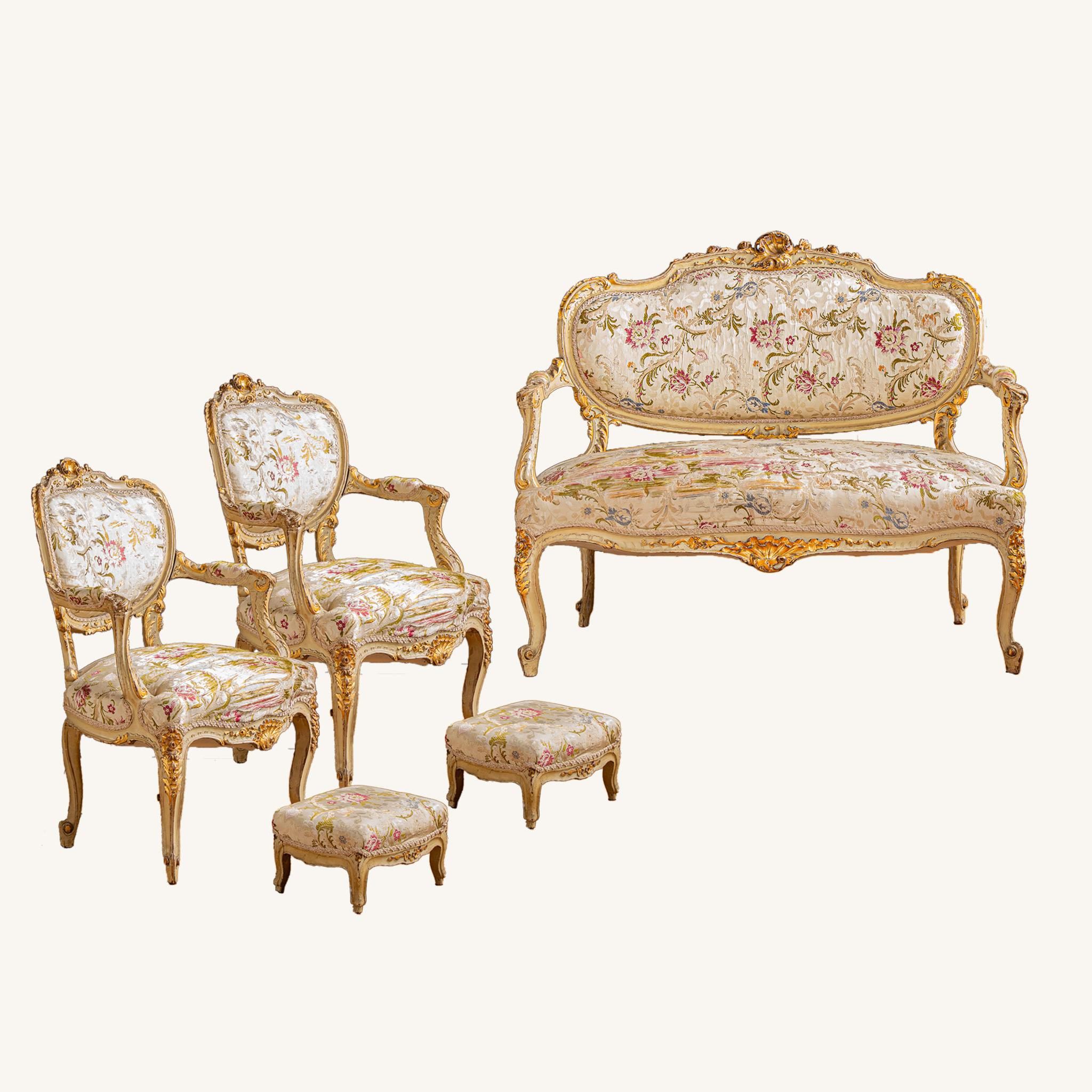 19th Century Italian Carved Gilt-wood Salon Suite - Sofa, Chairs & Footstools  For Sale 12