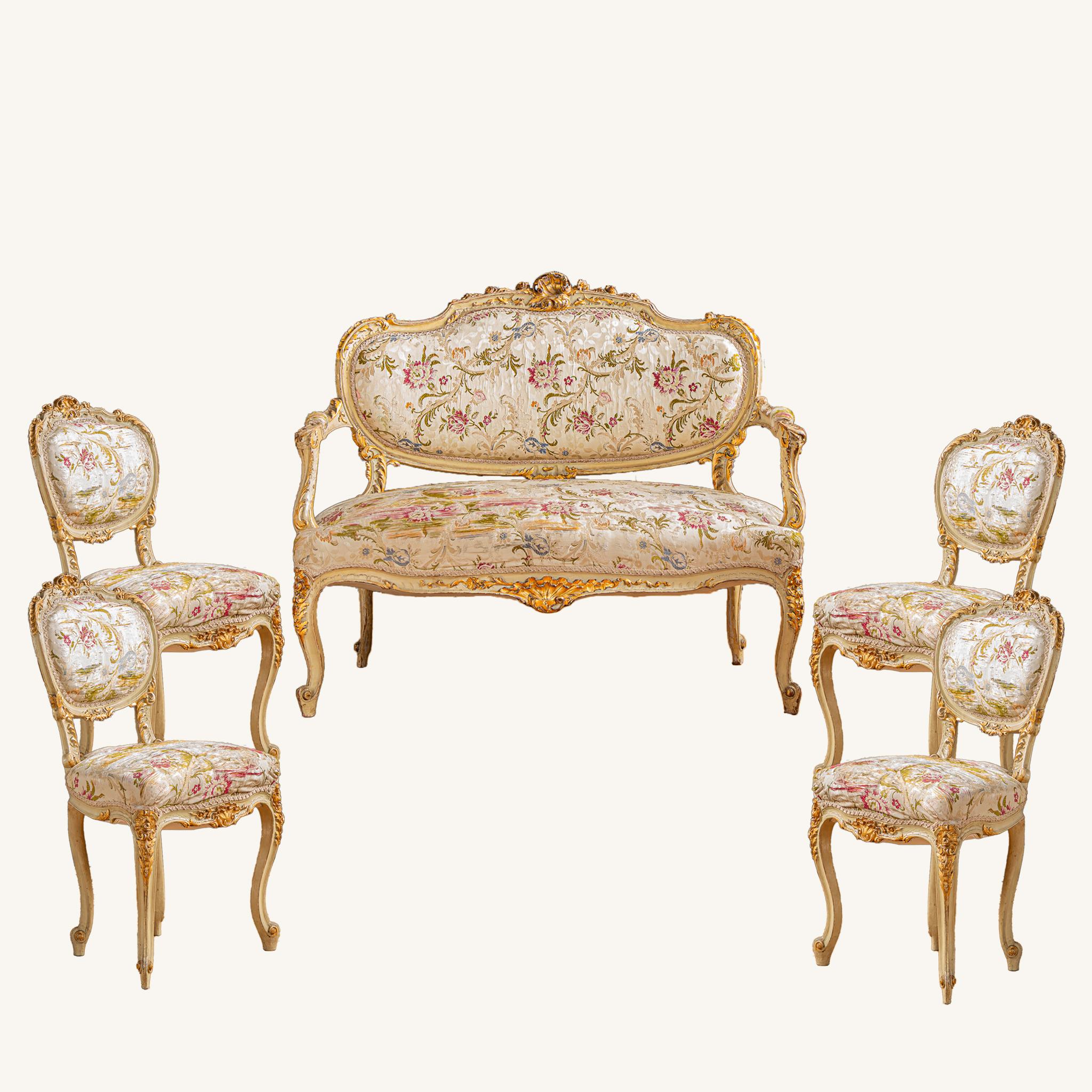 19th Century Italian Carved Gilt-wood Salon Suite - Sofa, Chairs & Footstools  For Sale 13
