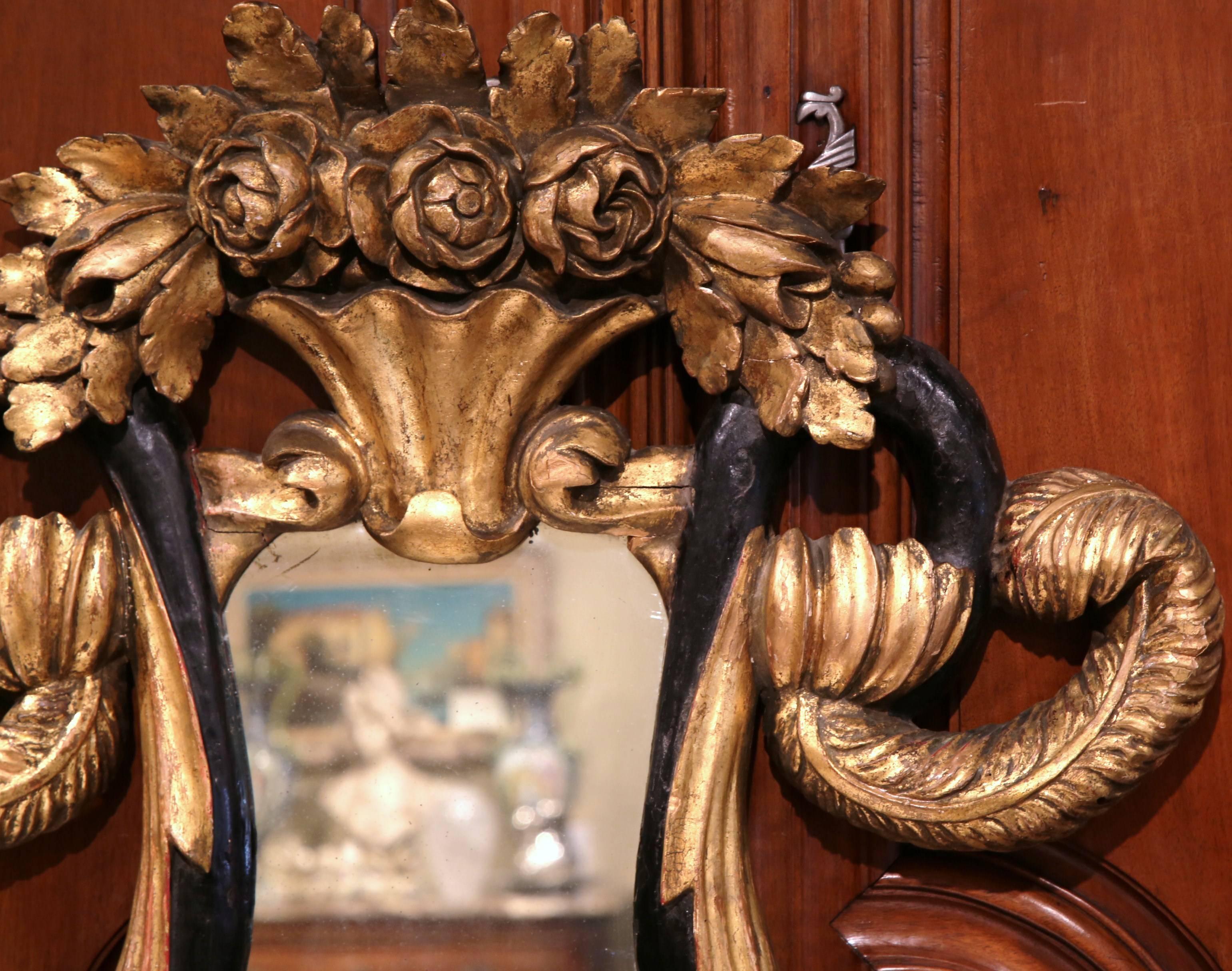 19th Century Italian Carved Giltwood and Black Lacquered Wall Mirror In Excellent Condition For Sale In Dallas, TX