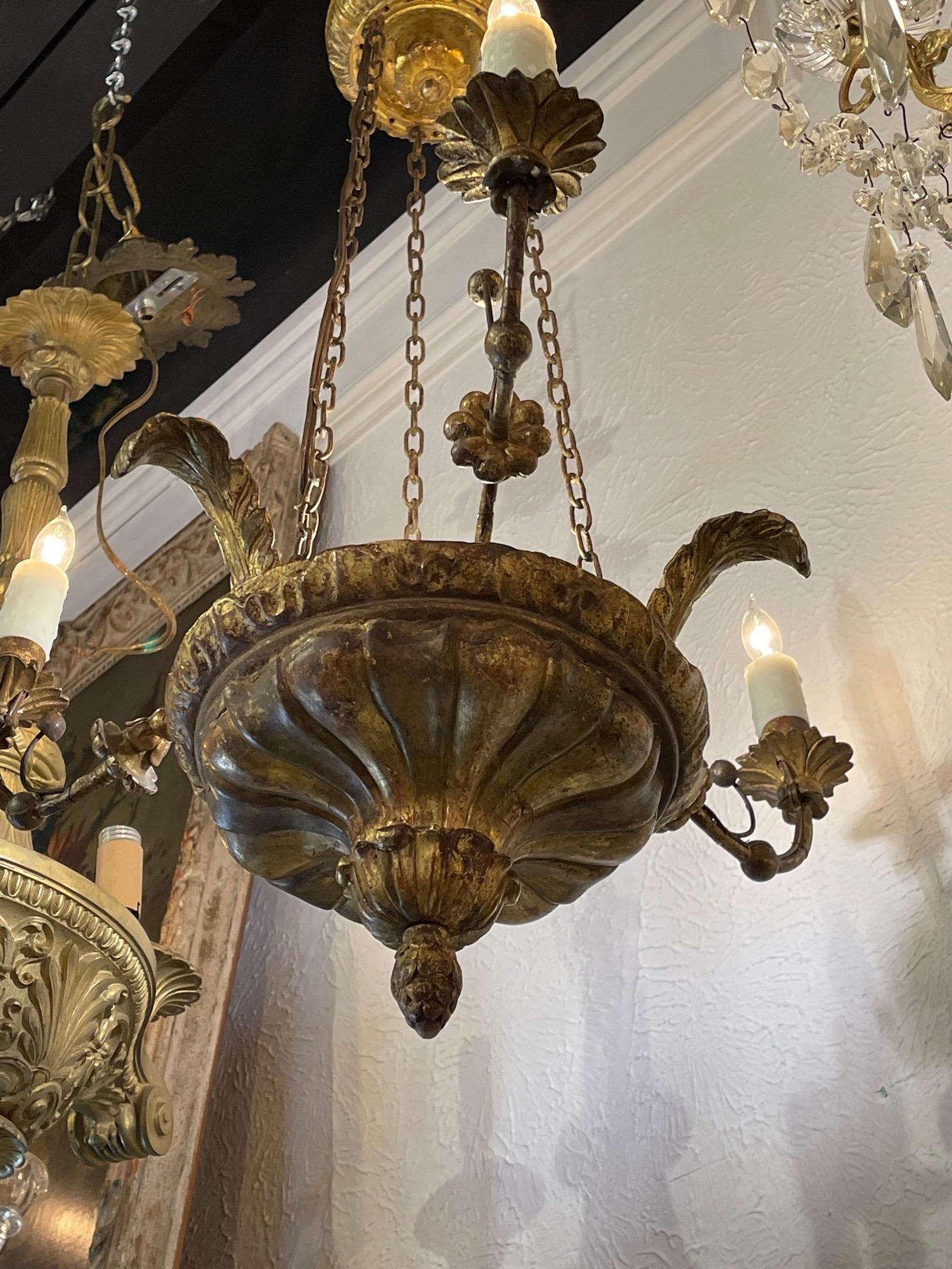 19th Century Italian Carved Giltwood and Iron Chandelier with 3 Lights In Good Condition In Dallas, TX