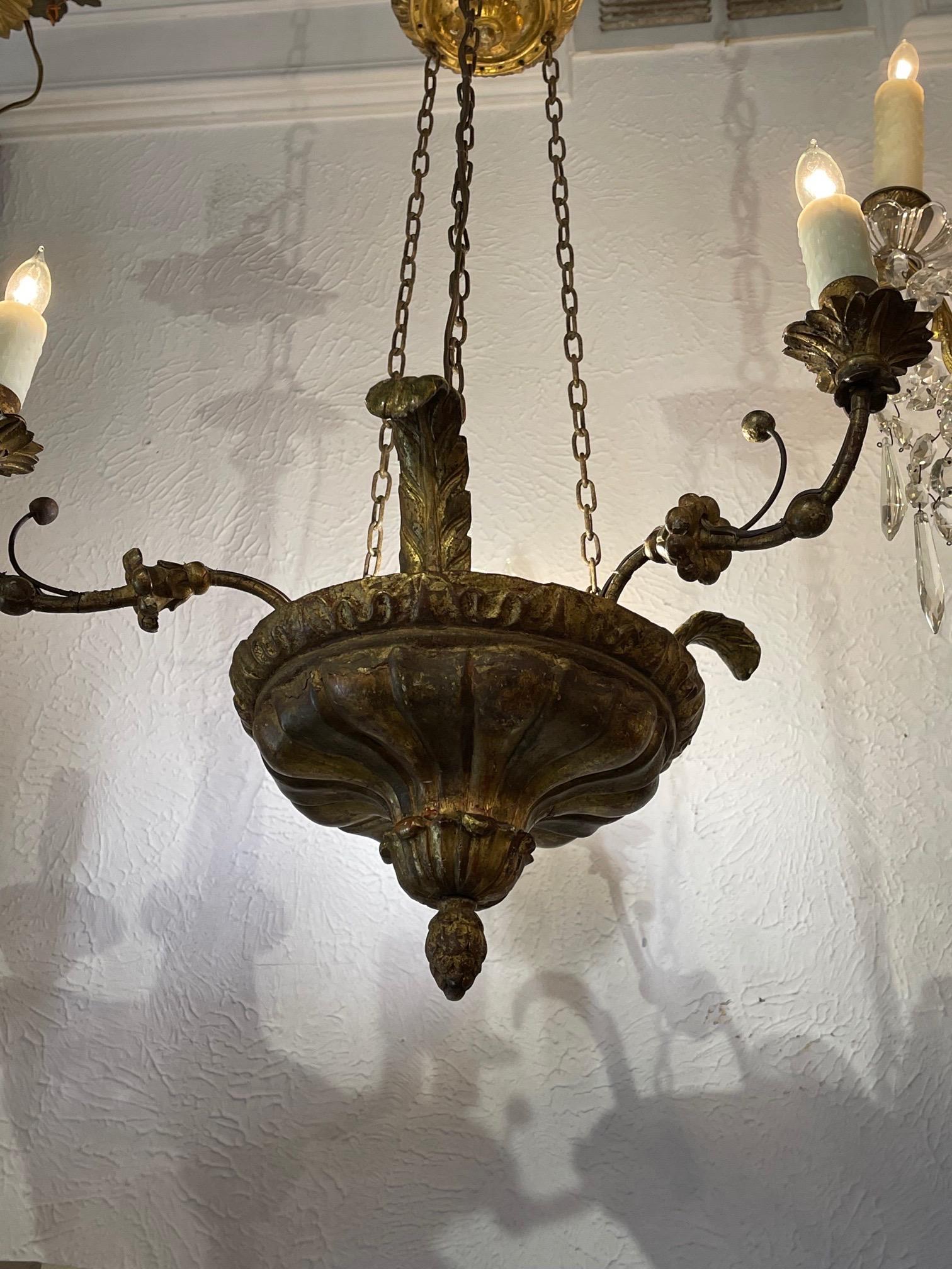19th Century Italian Carved Giltwood and Iron Chandelier with 3 Lights 3