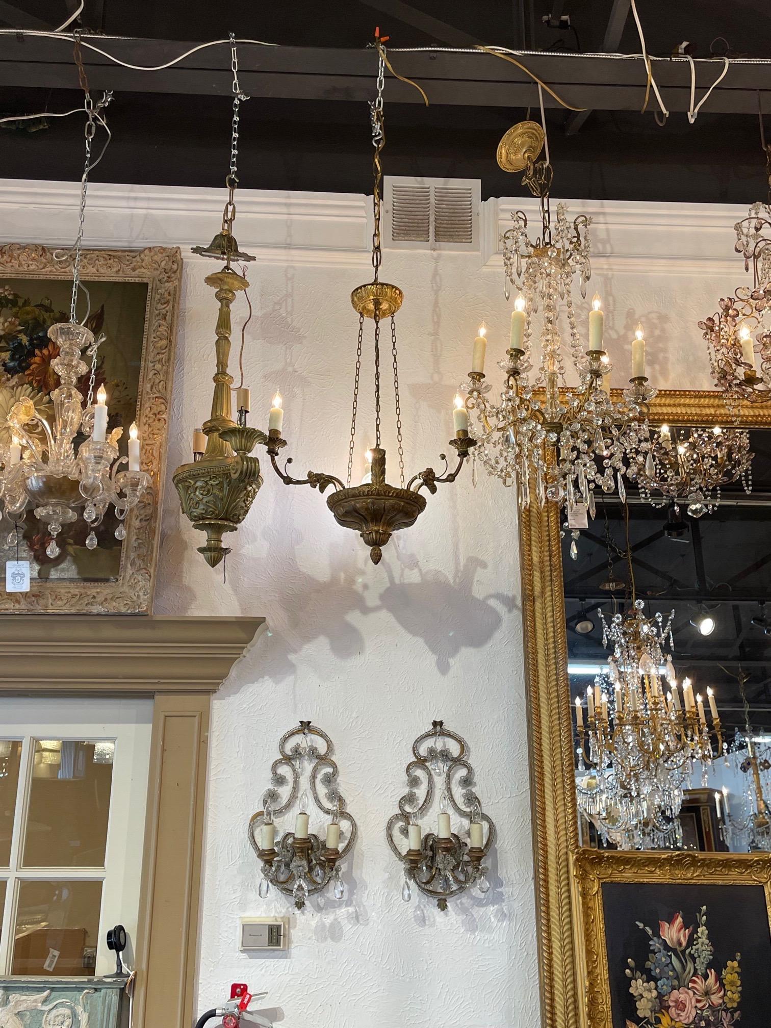 19th Century Italian Carved Giltwood and Iron Chandelier with 3 Lights 5
