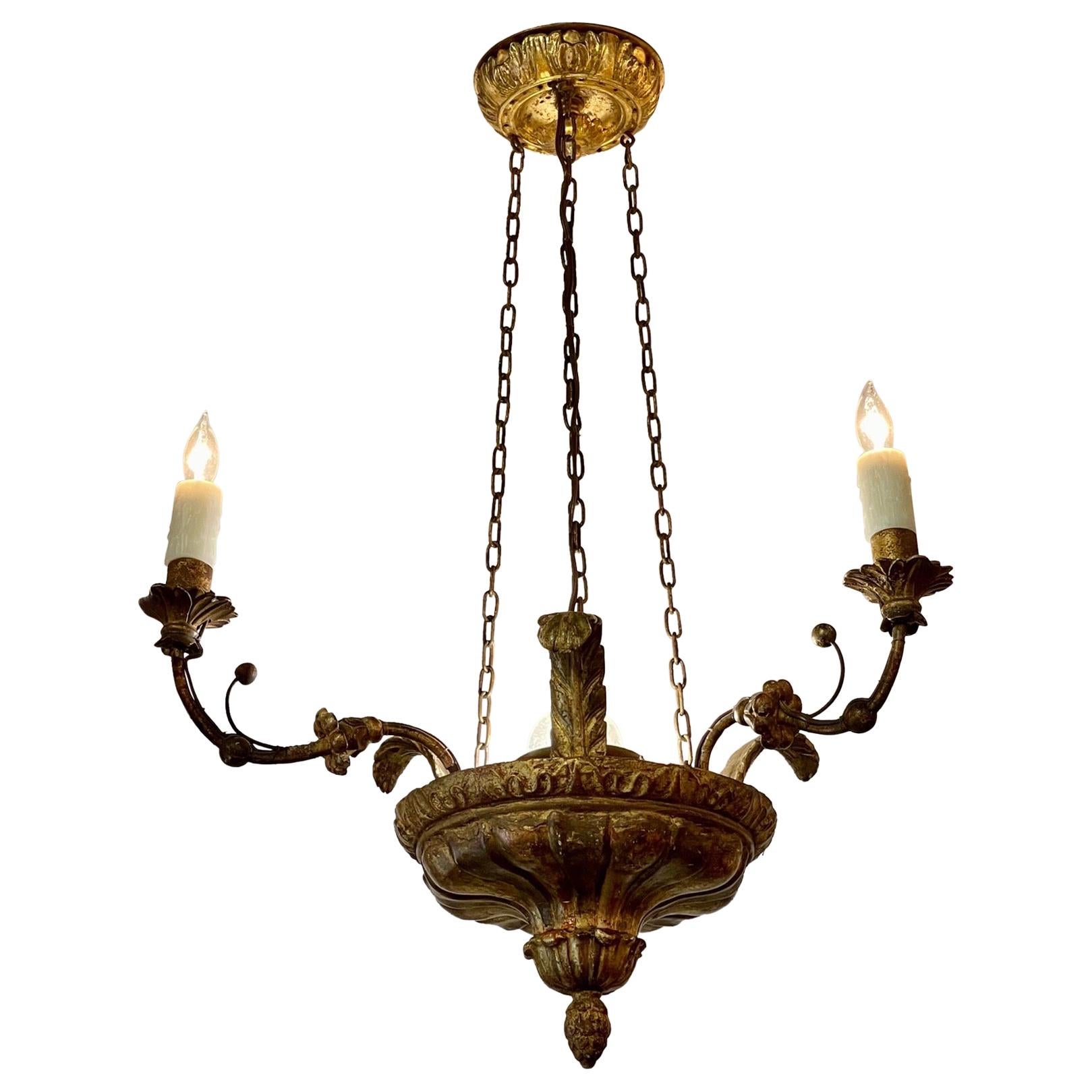 19th Century Italian Carved Giltwood and Iron Chandelier with 3 Lights