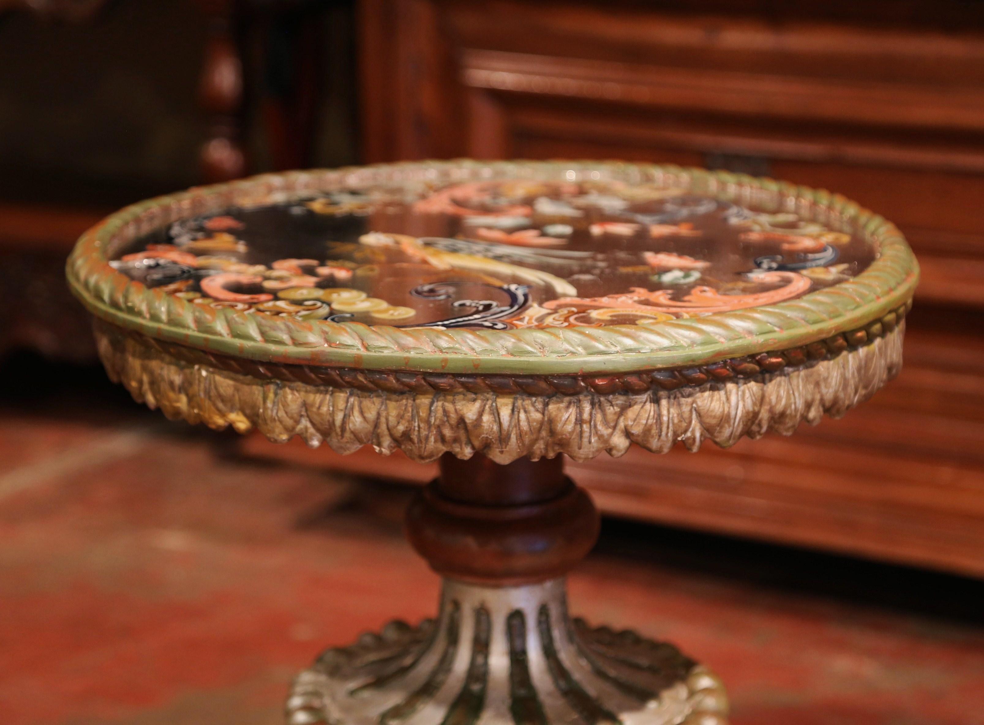Glass 19th Century Italian Carved Giltwood and Painted Side Table with Eglomise Top For Sale