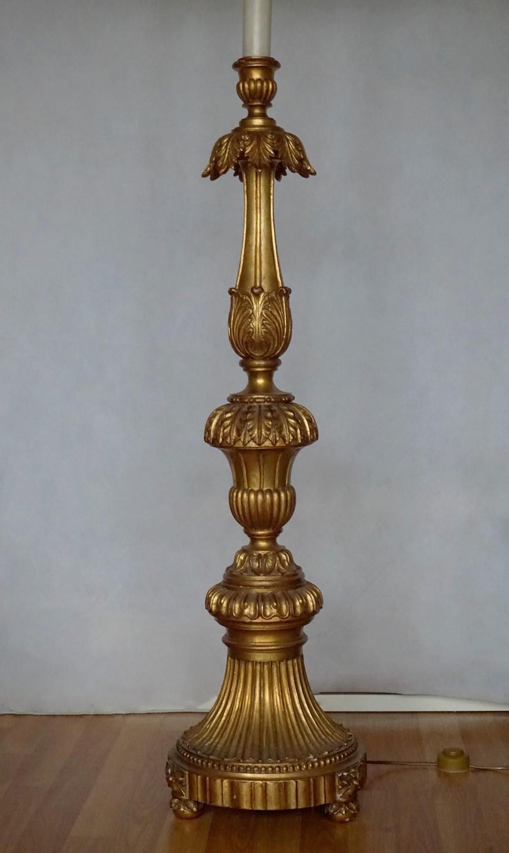 Hand-Carved 18th Century Italian Carved Giltwood Church Torchère Converted to Floor Lamp For Sale