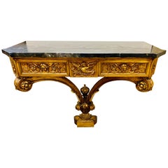 19th Century Italian Carved Giltwood Console Table with Marble Top Made in Italy