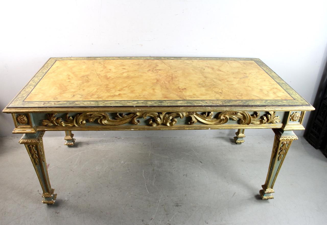 Wood 19th Century Italian Carved Green and Gilt Foyer Table with Faux Marble Top For Sale