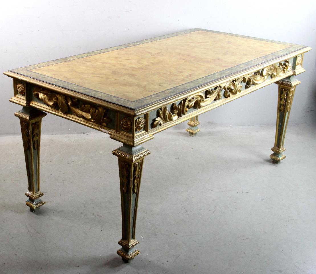 19th Century Italian Carved Green and Gilt Foyer Table with Faux Marble Top For Sale 1