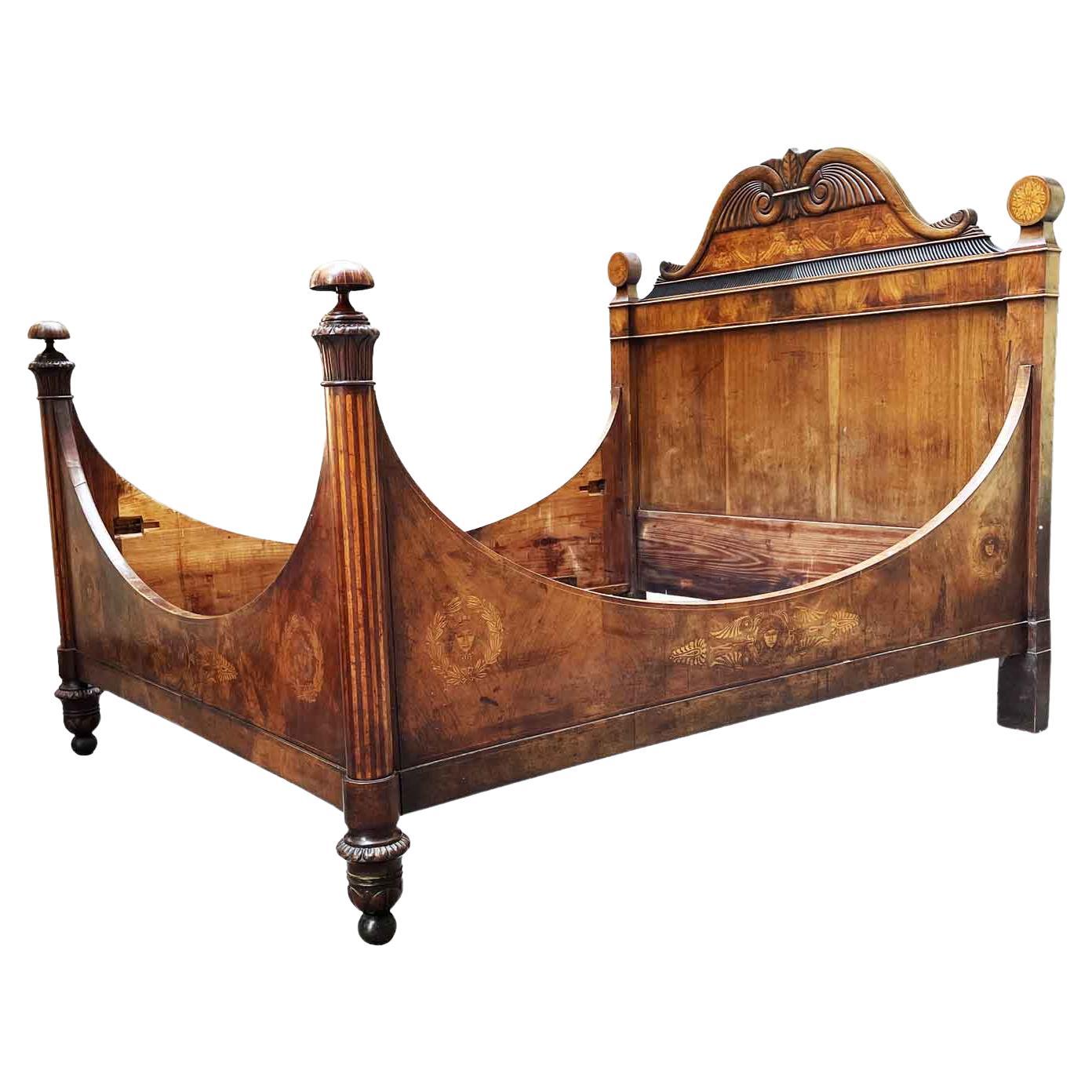 19th Century Italian Carved Inlaid Walnut Burl Queen Bed 