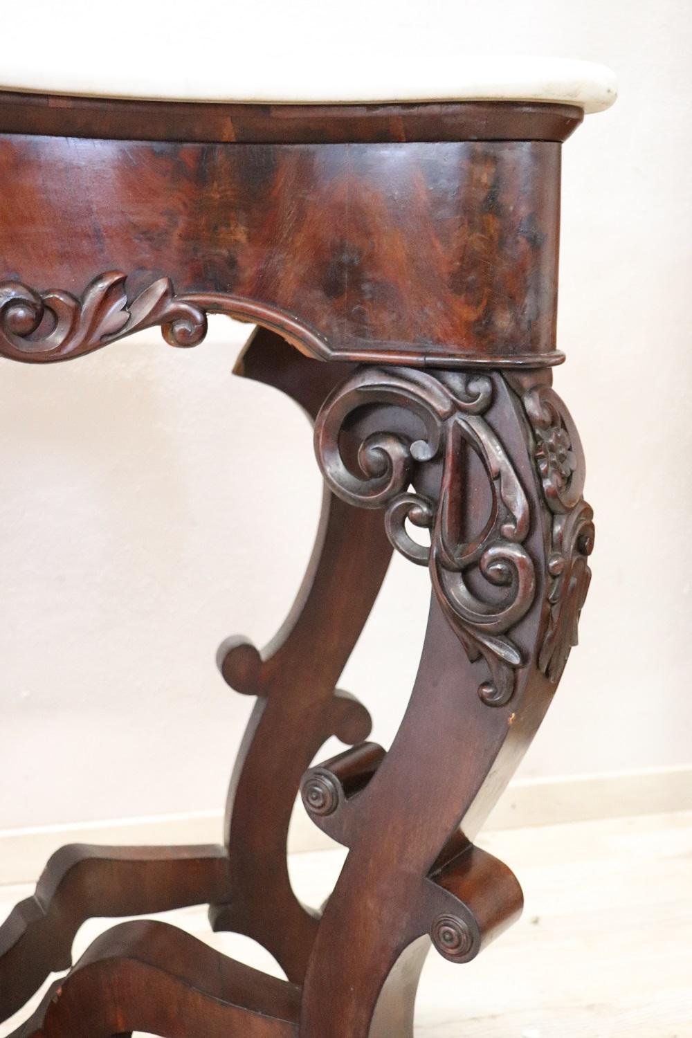 19th Century Italian Carved Mahogany Antique Console Table with Marble Top In Excellent Condition In Casale Monferrato, IT