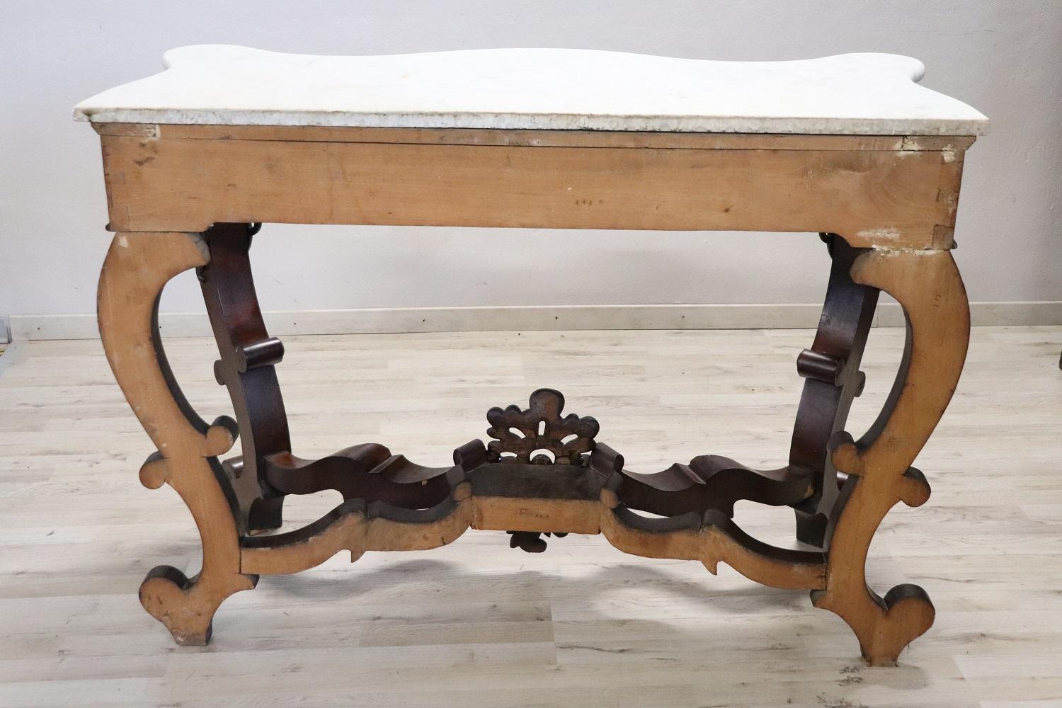 19th Century Italian Carved Mahogany Antique Console Table with Marble Top 2