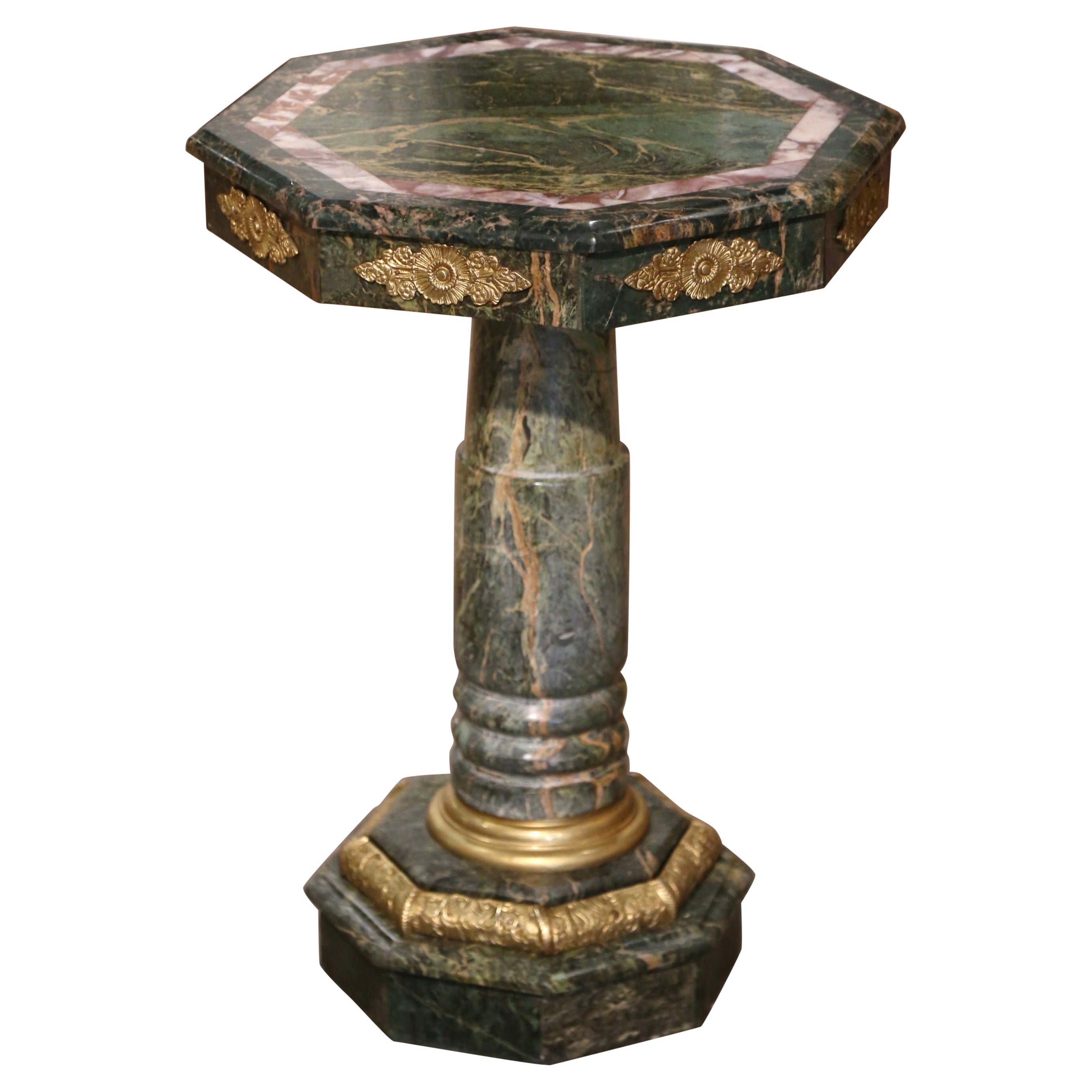19th Century Italian Carved Marble and Bronze Octagonal Pedestal Side Table