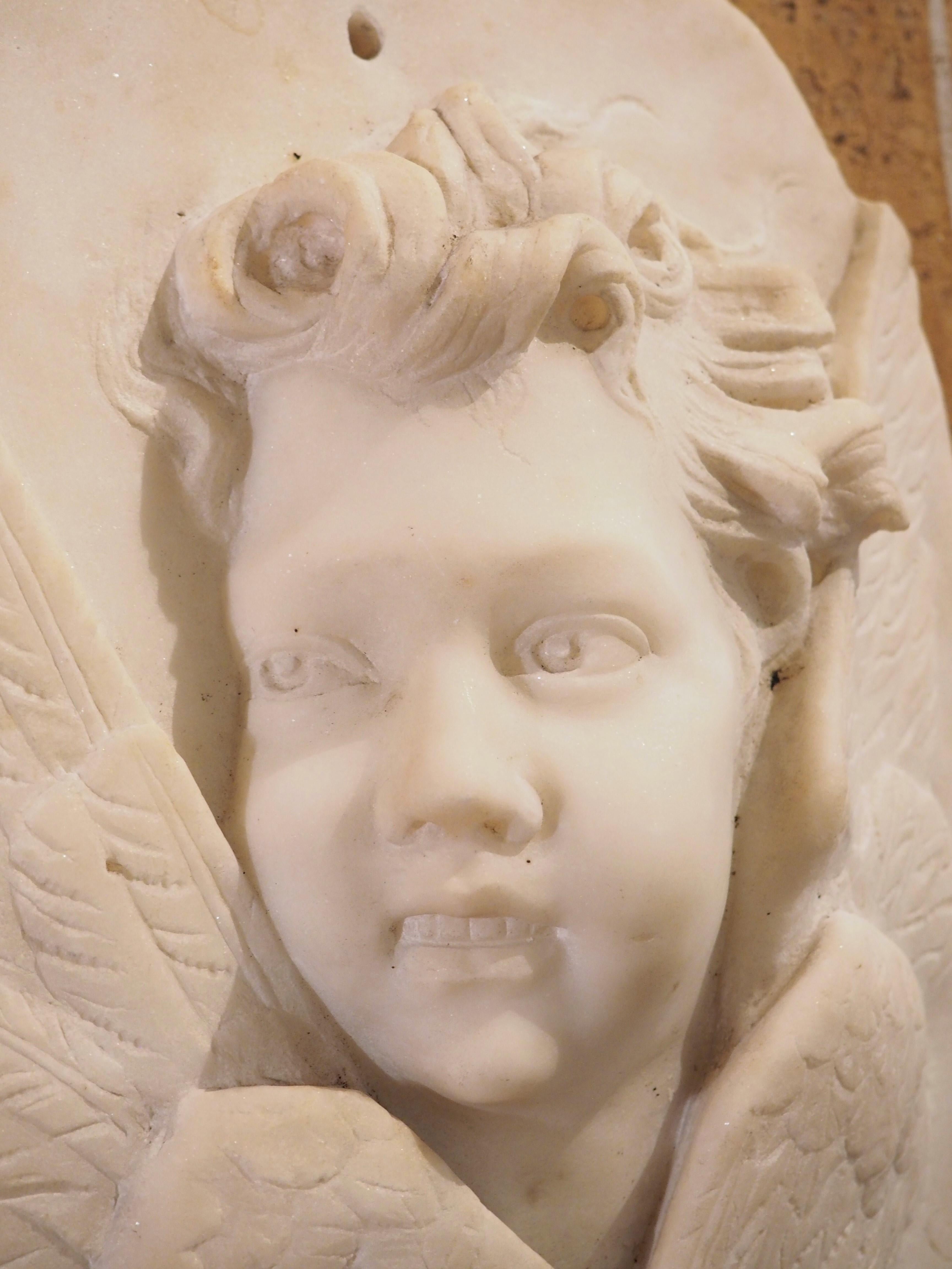 19th Century Italian Carved Marble Bas Relief of a Winged Cherub 6