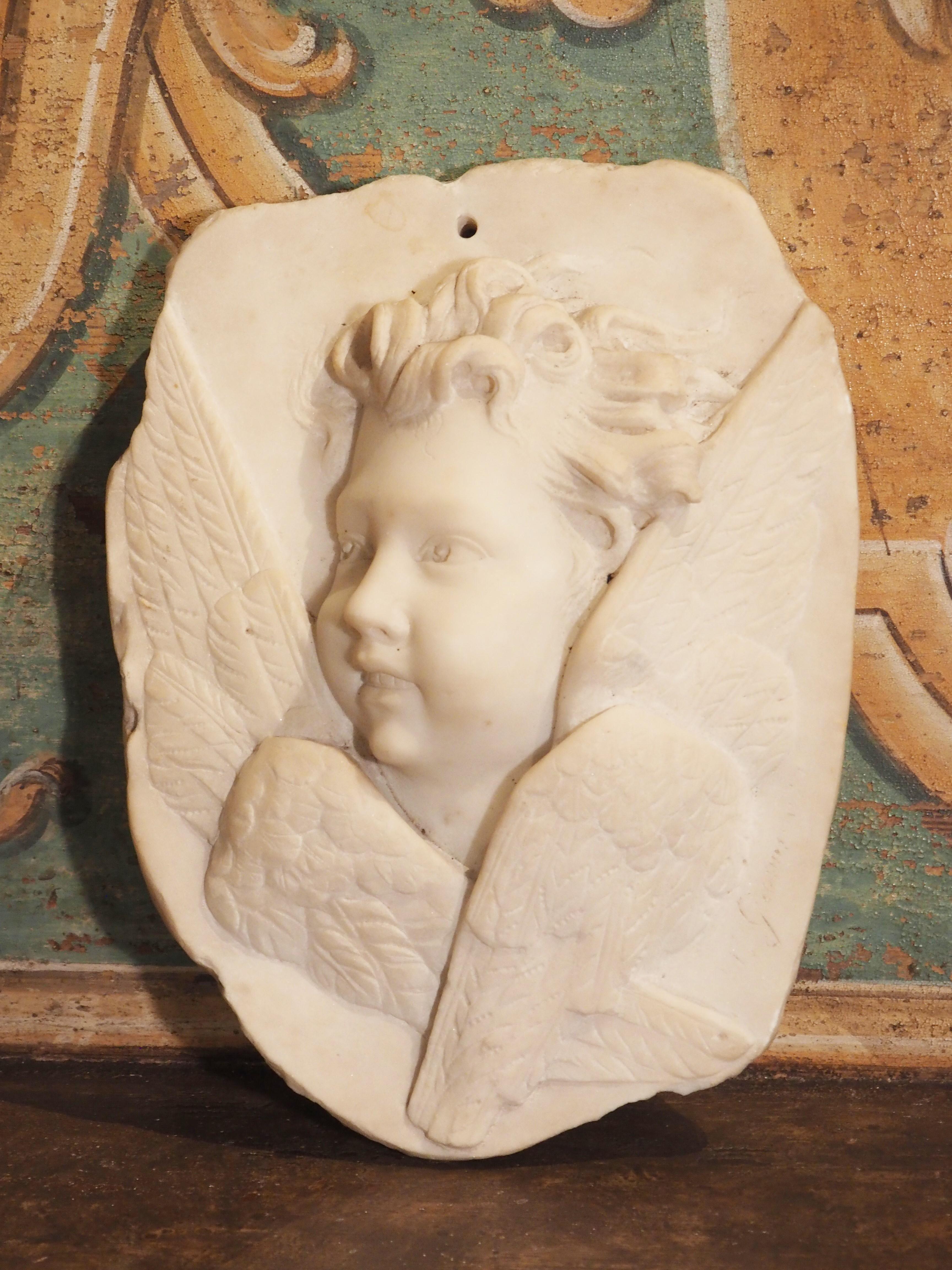 19th Century Italian Carved Marble Bas Relief of a Winged Cherub 8