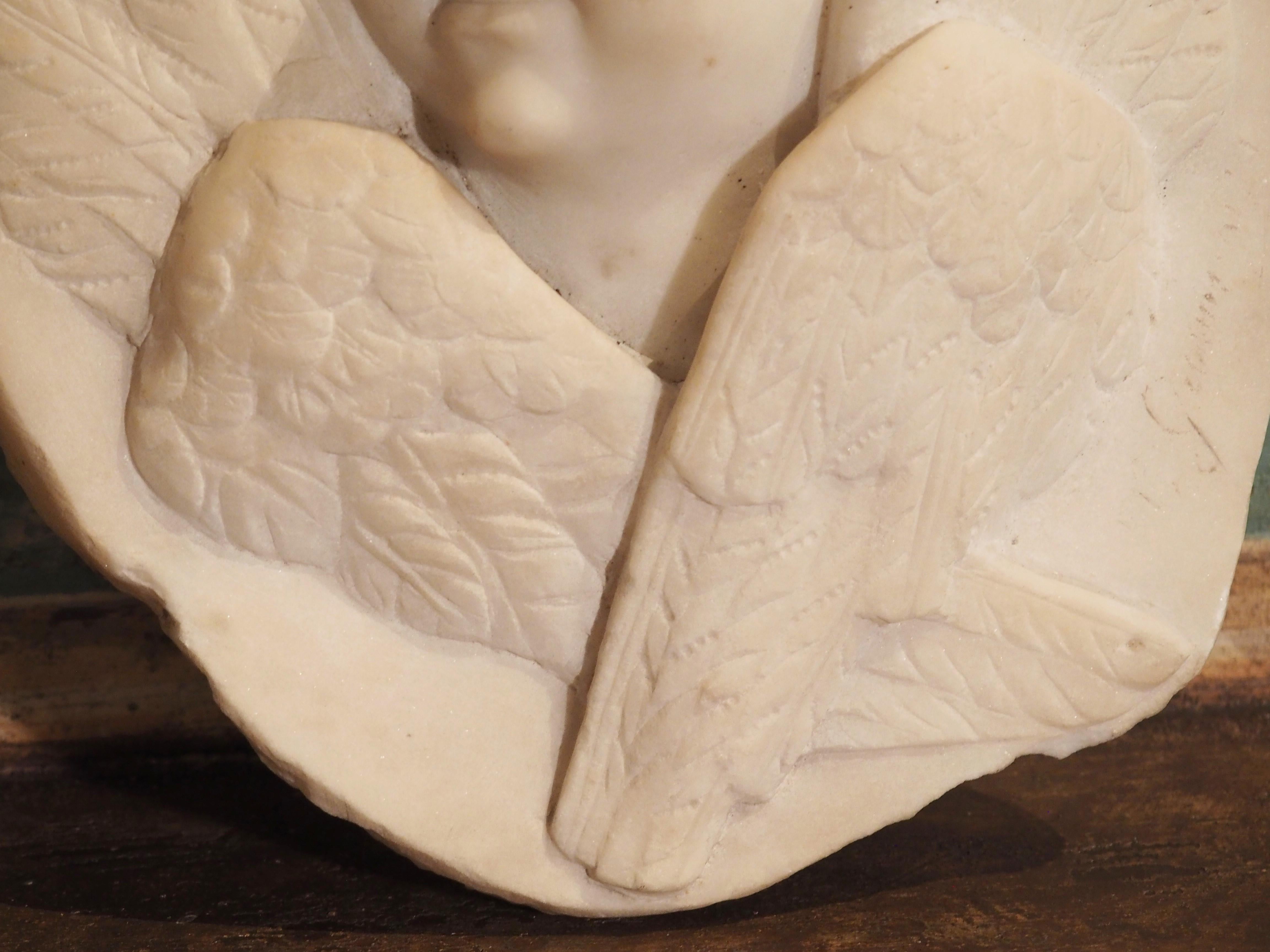 Hand-Carved 19th Century Italian Carved Marble Bas Relief of a Winged Cherub