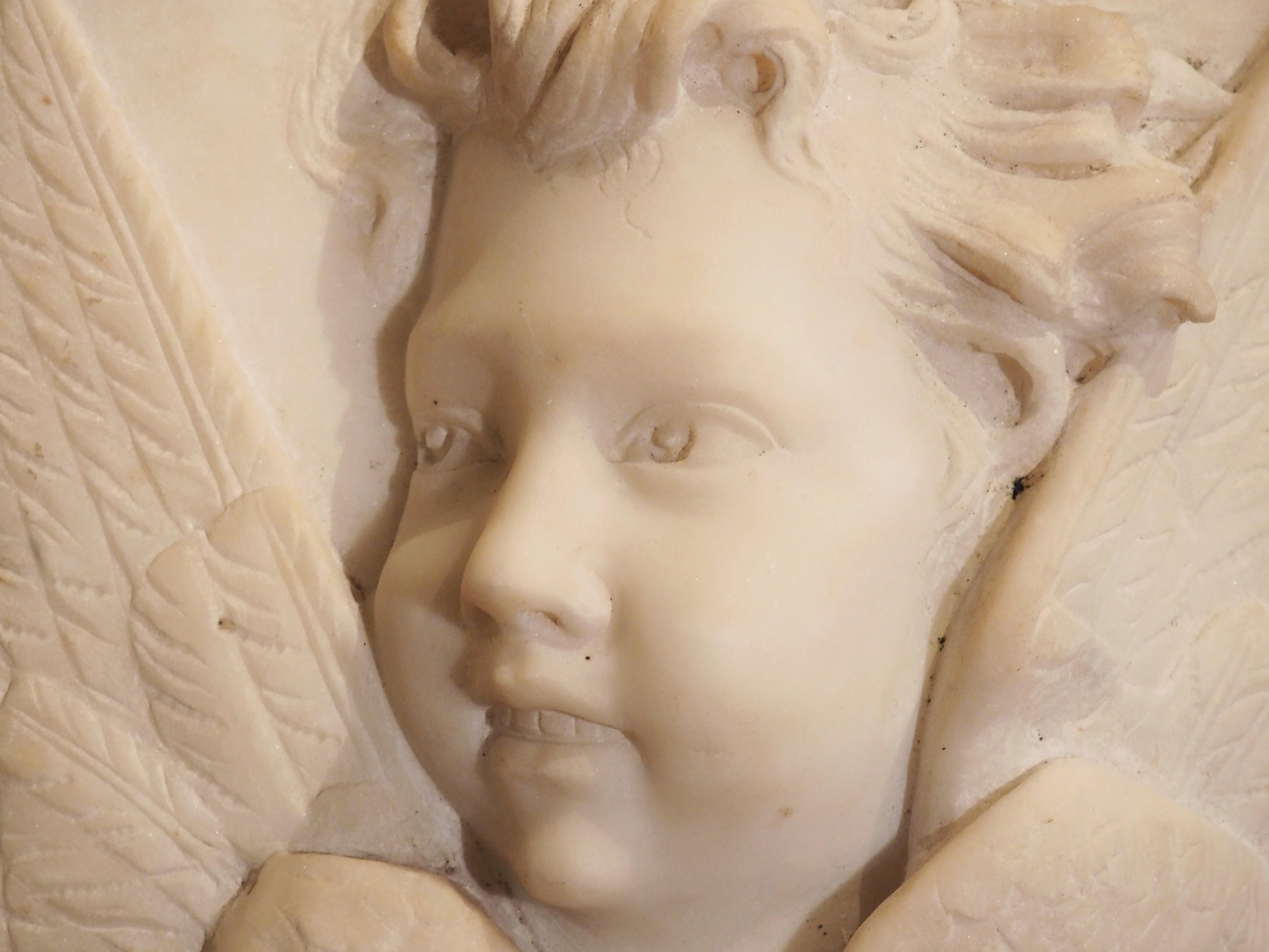 19th Century Italian Carved Marble Bas Relief of a Winged Cherub In Good Condition In Dallas, TX