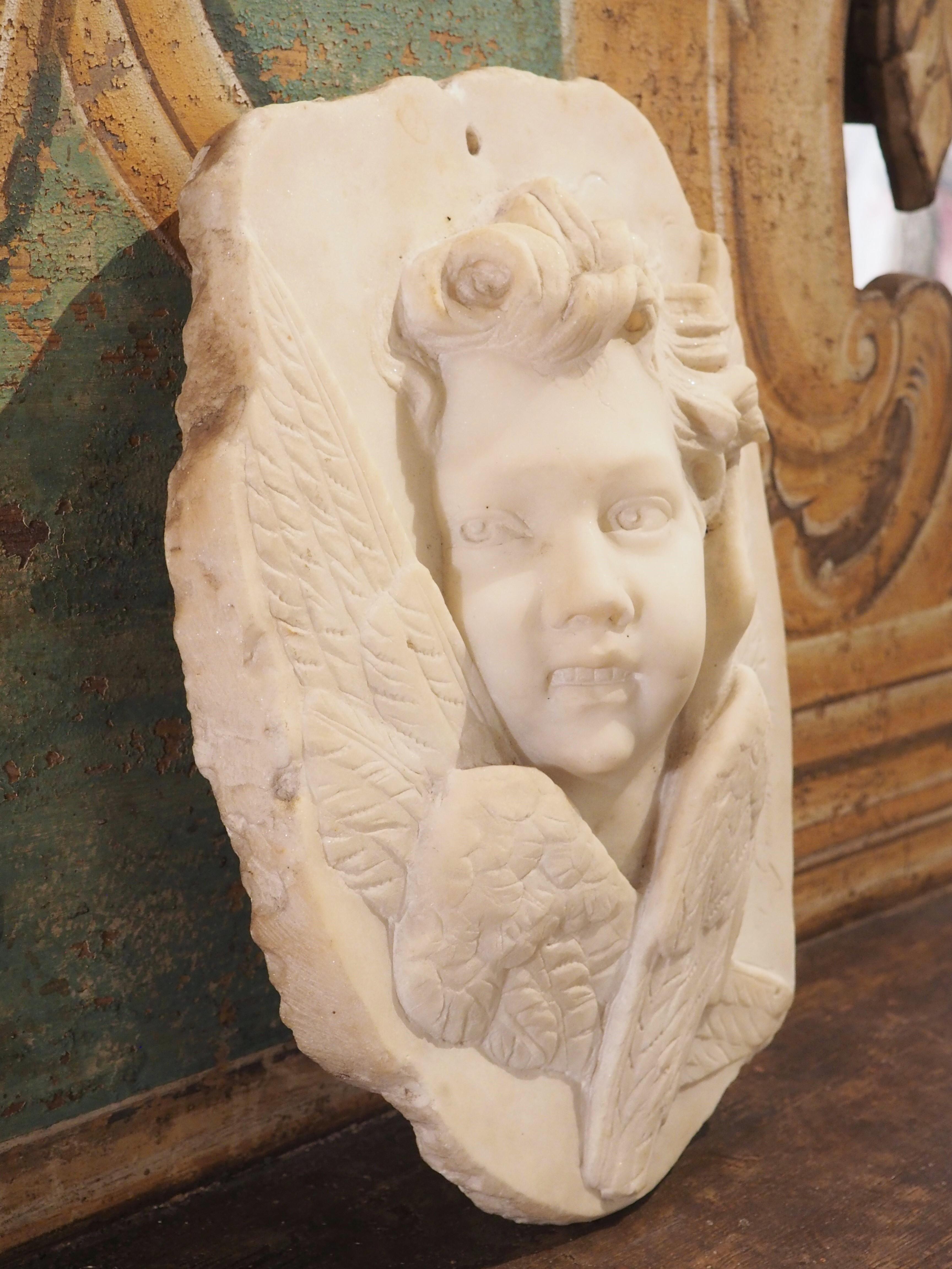 19th Century Italian Carved Marble Bas Relief of a Winged Cherub 5