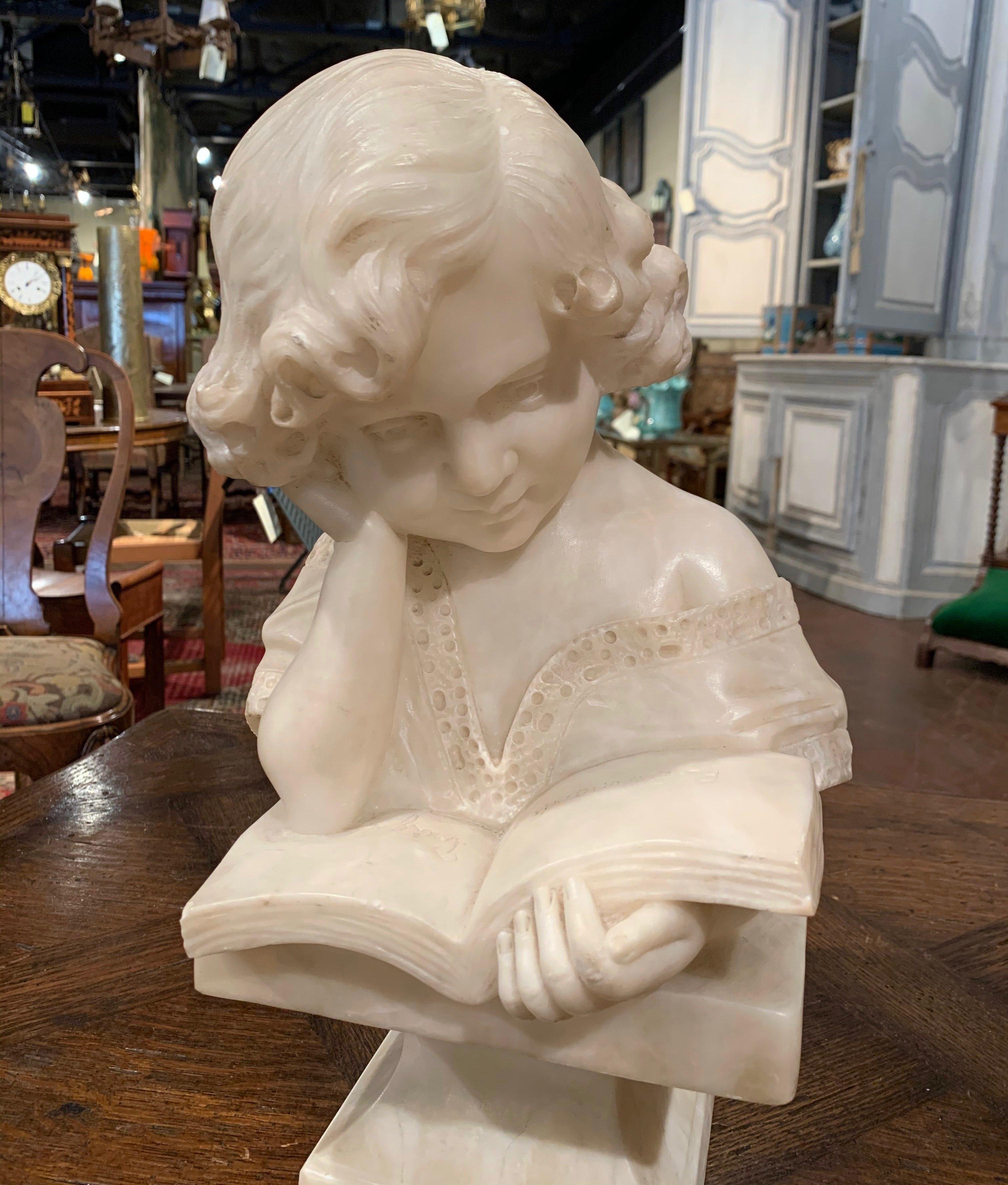 Hand-Carved 19th Century Italian Carved Marble Bust of a Young Girl Signed R. Bernardi Praga