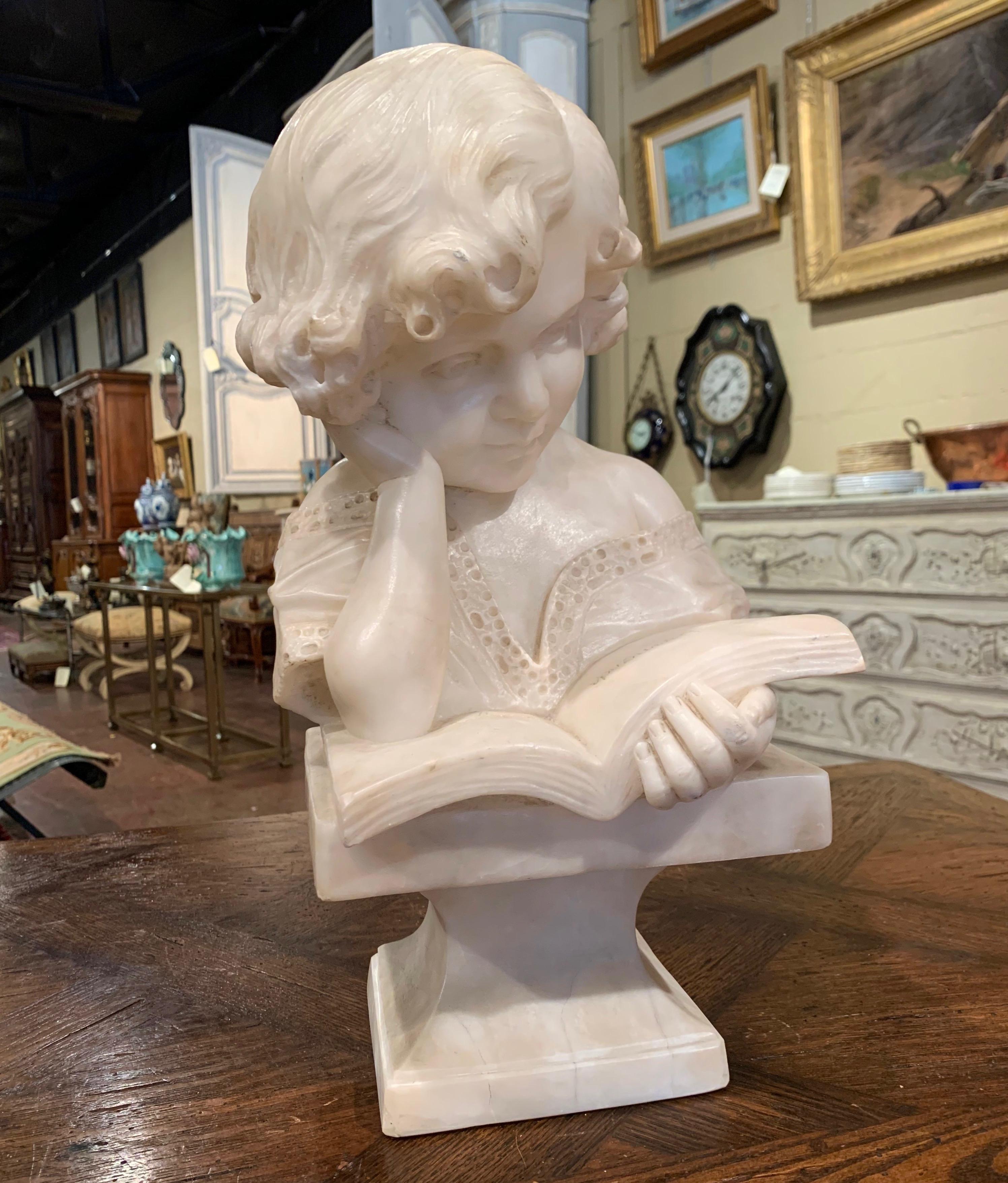 19th Century Italian Carved Marble Bust of a Young Girl Signed R. Bernardi Praga In Excellent Condition In Dallas, TX