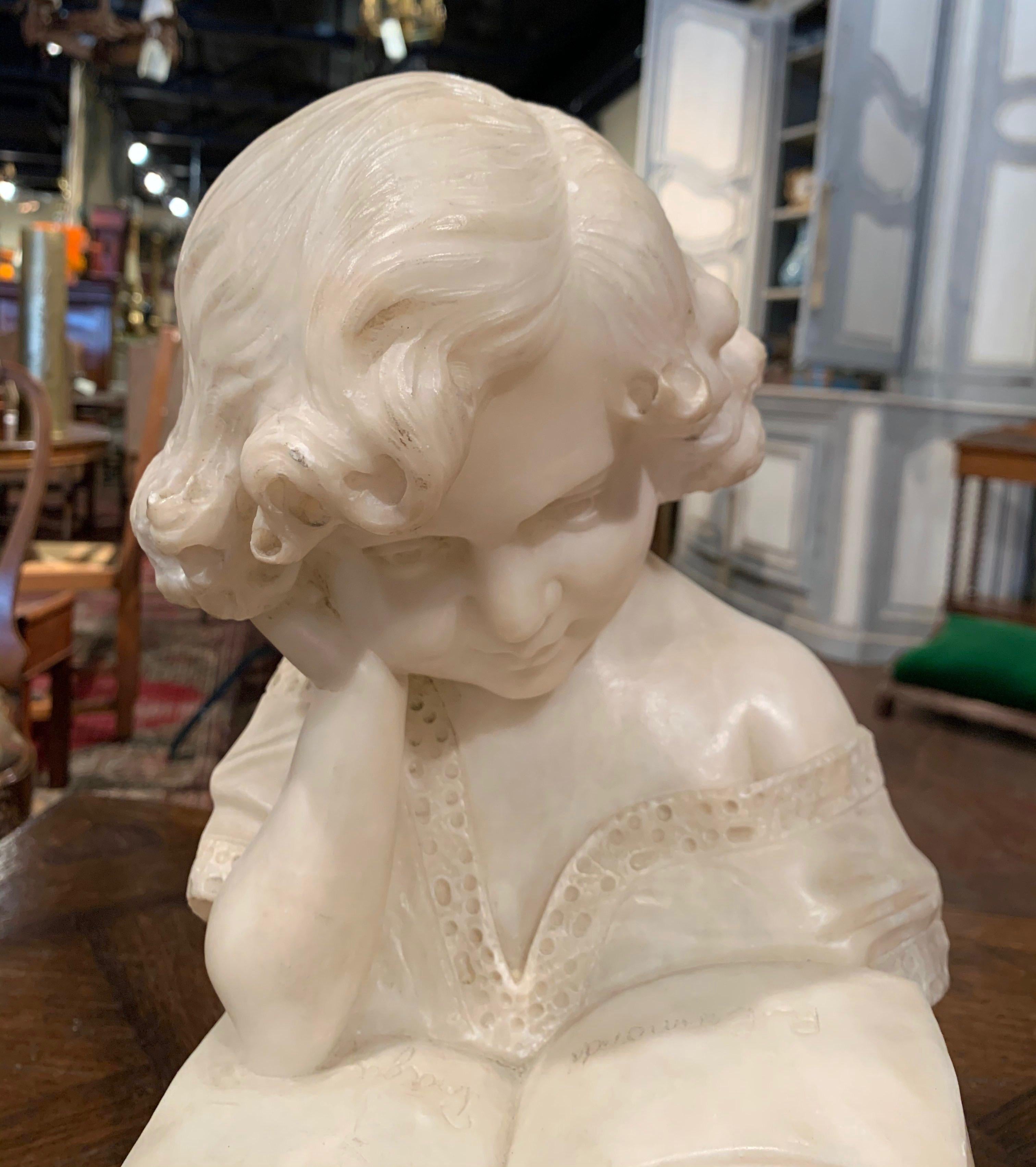 19th Century Italian Carved Marble Bust of a Young Girl Signed R. Bernardi Praga 2
