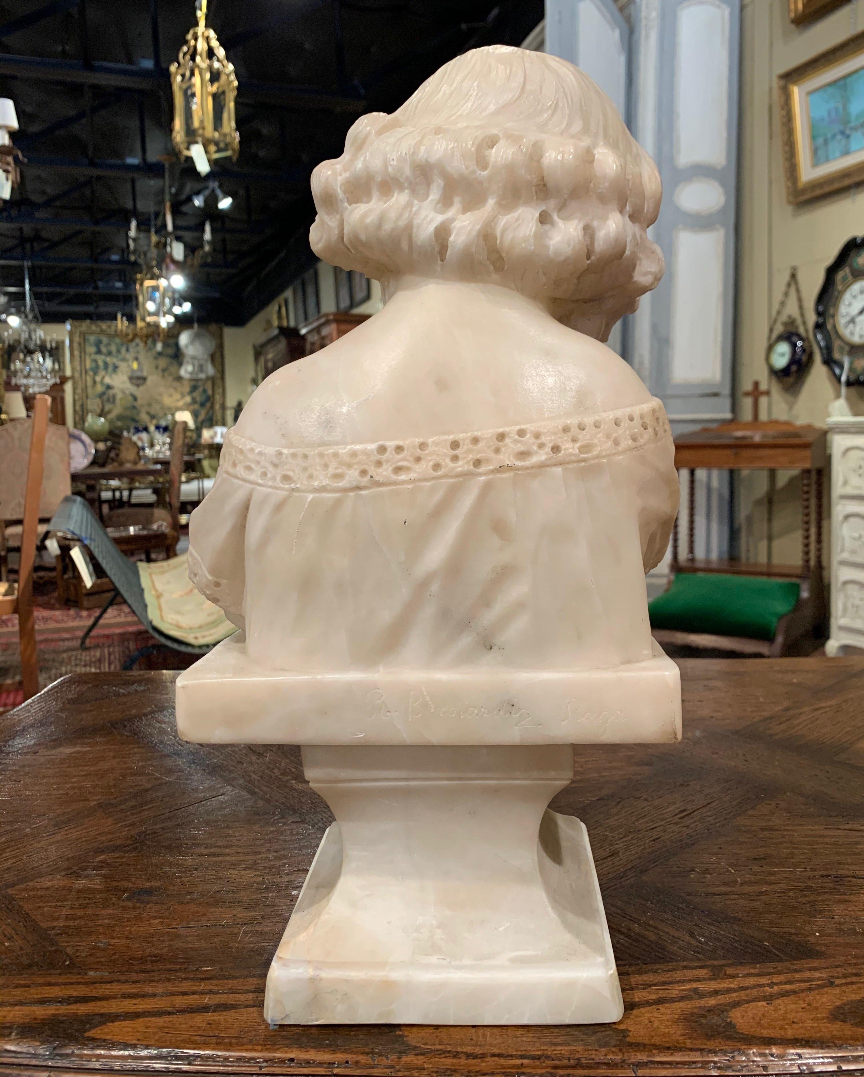 19th Century Italian Carved Marble Bust of a Young Girl Signed R. Bernardi Praga 3