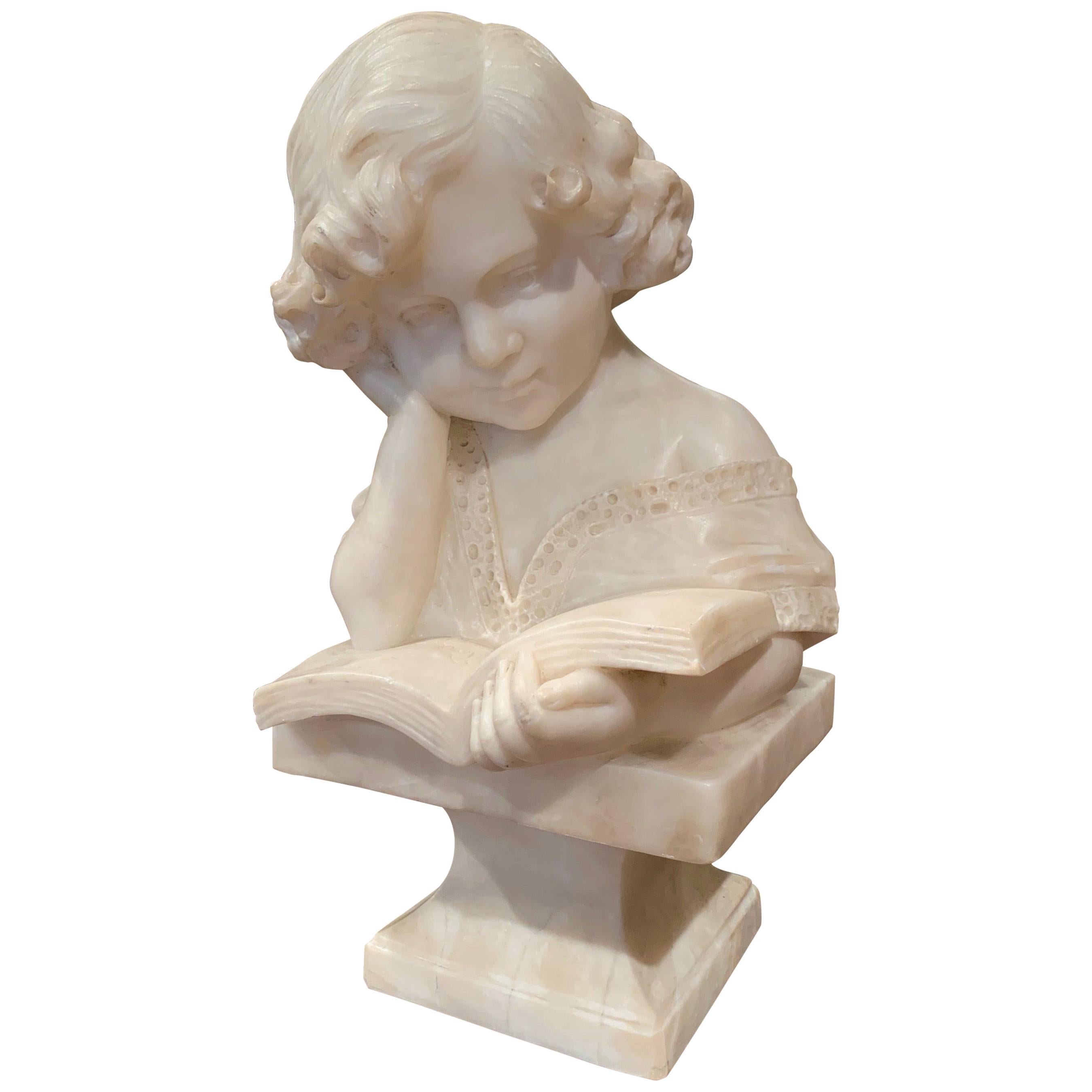 19th Century Italian Carved Marble Bust of a Young Girl Signed R. Bernardi Praga