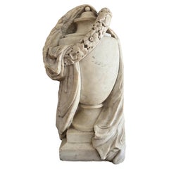 19th Century Italian Carved Marble Draped Urn with Floral Garland